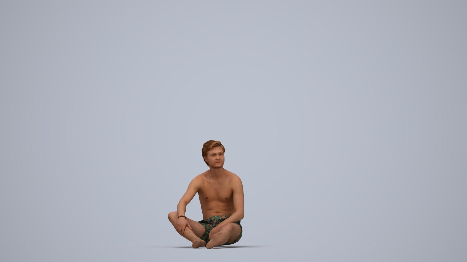 3D human model man pool, photogrammetry scanned person for archviz, top-down view render