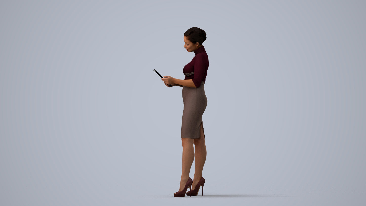 3D scanned woman standing business, photorealistic archviz people for Enscape and SketchUp, three-quarter view render