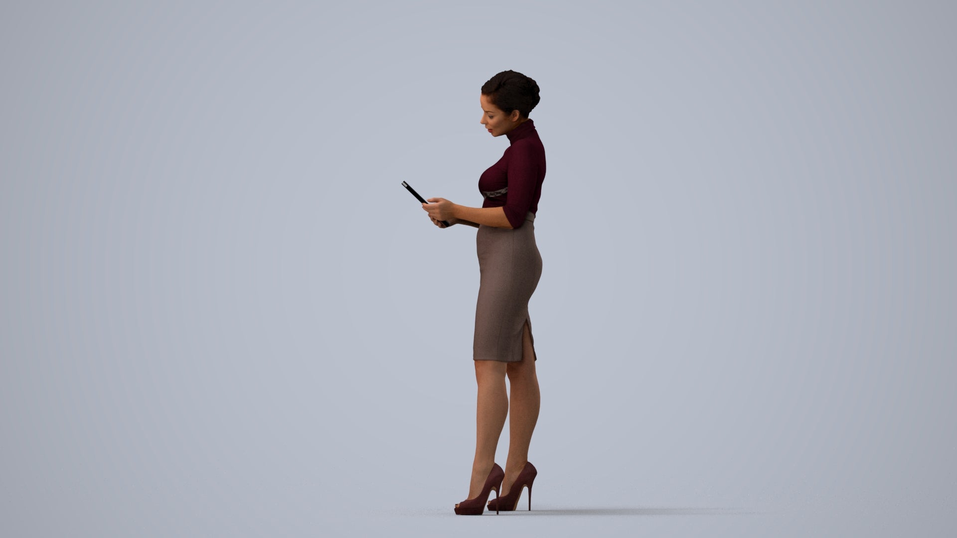 3D scanned woman standing business, photorealistic archviz people for Enscape and SketchUp, three-quarter view render