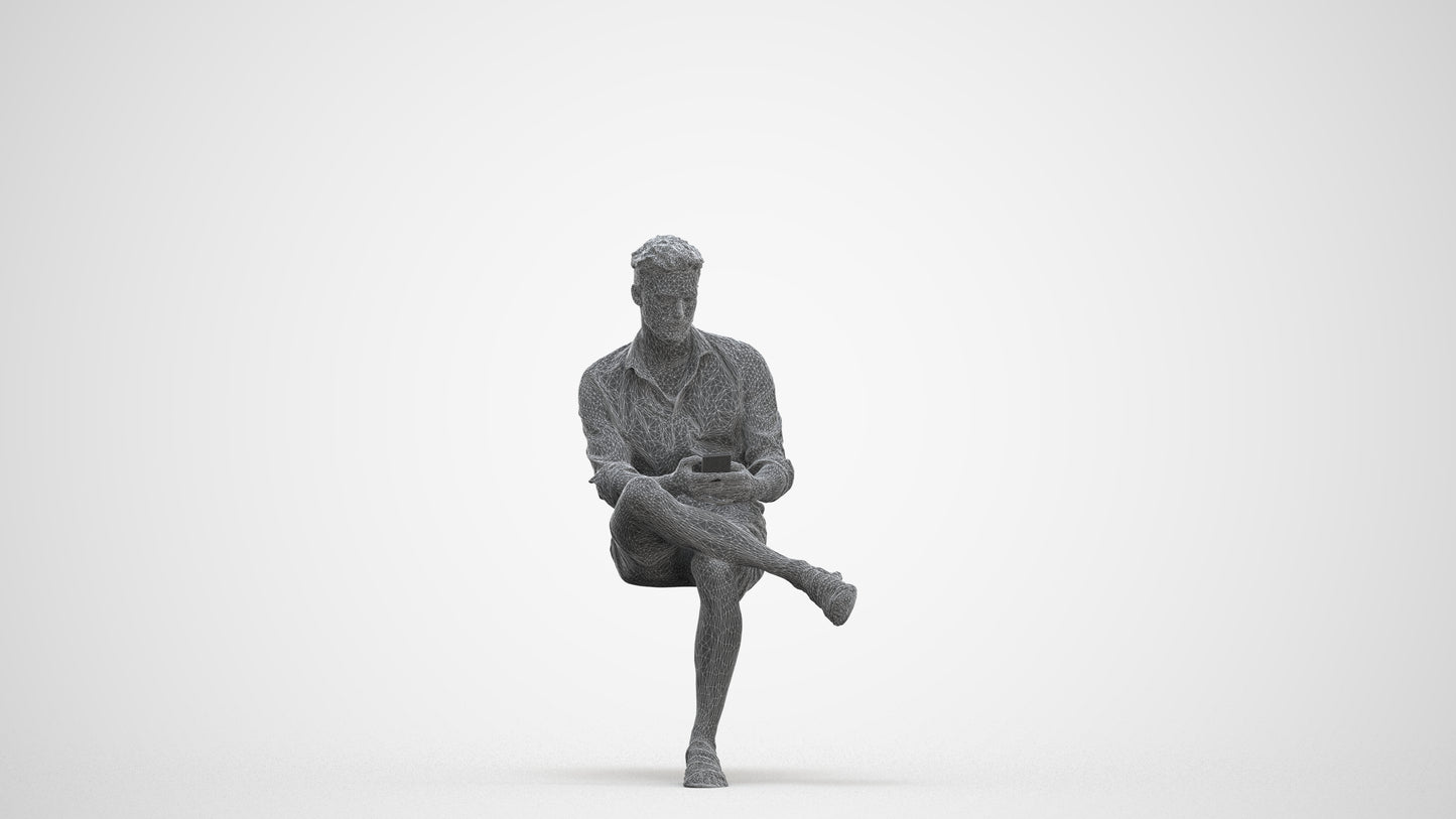 realistic 3D man casual sitting, scanned archviz people for Blender and 3ds Max, three-quarter front view render