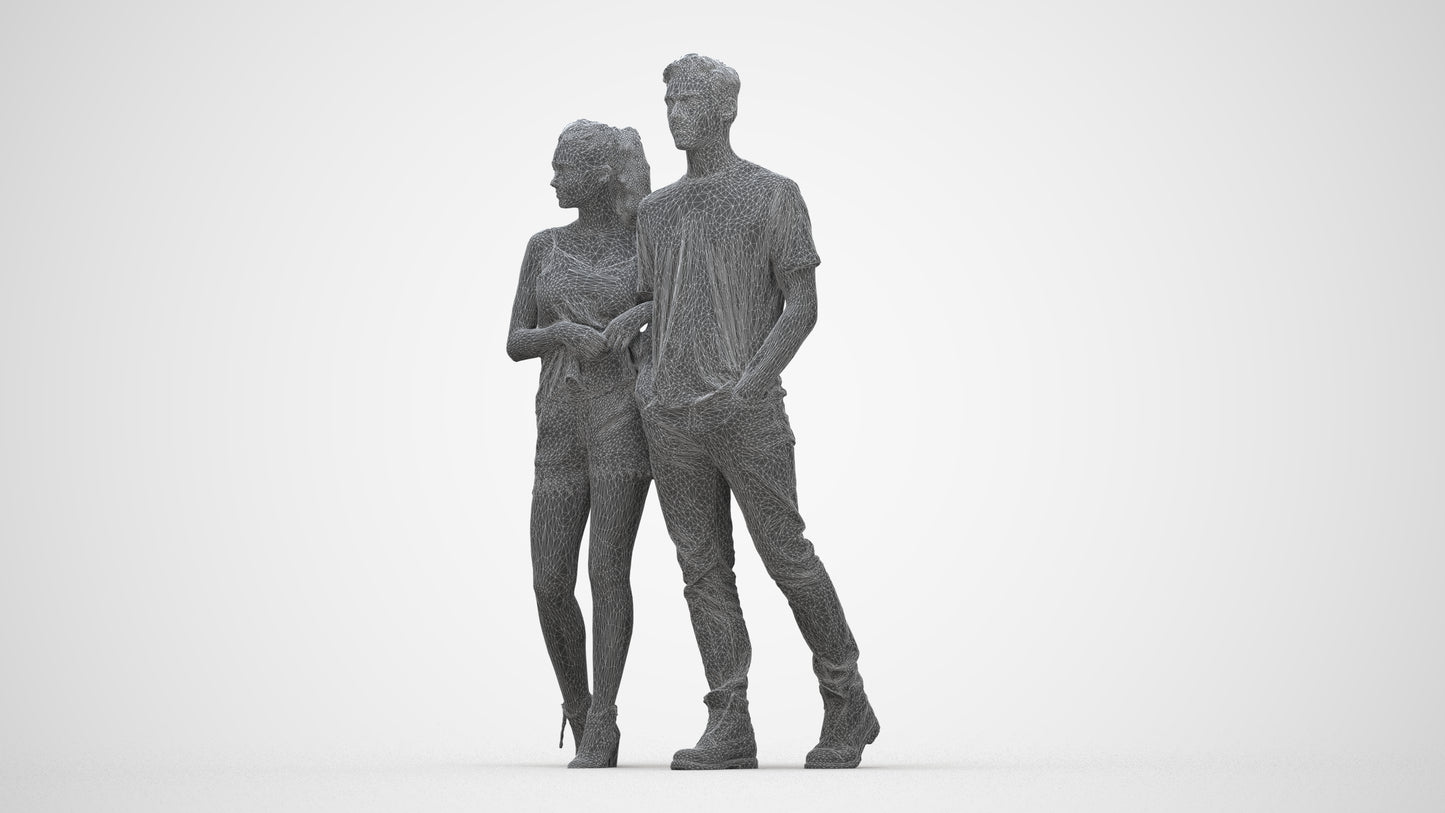 realistic 3D people woman casual couple, render-ready for V-Ray and Corona, FBX OBJ, wireframe back view
