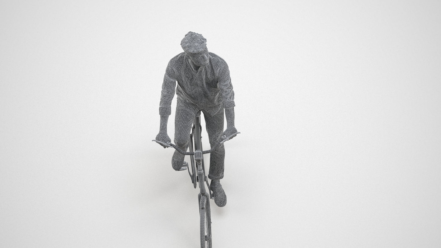 photogrammetry 3D man casual cycling, realistic human model archviz FBX, wireframe three-quarter view