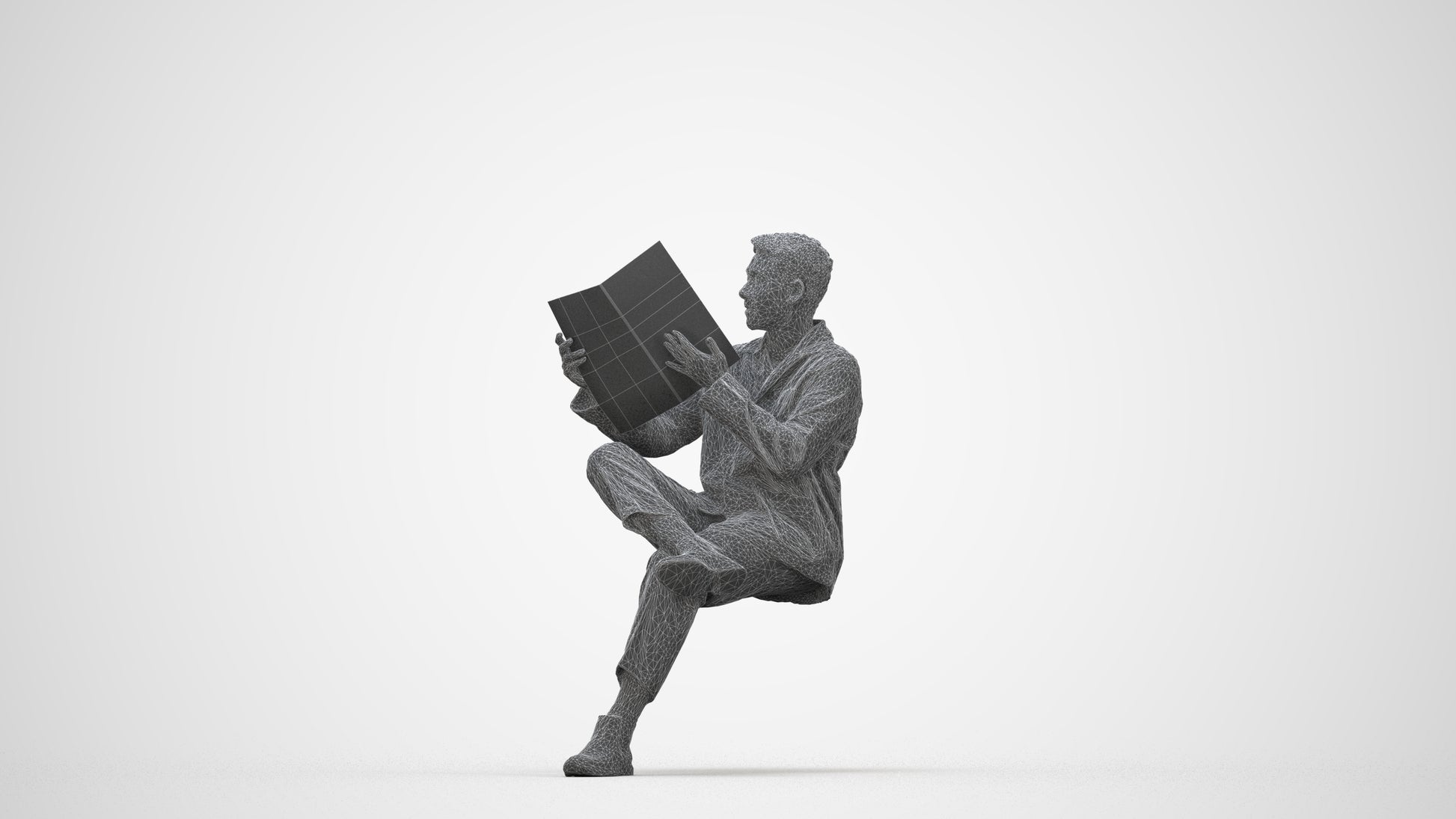 photogrammetry 3D man casual sitting, realistic human model archviz FBX, wireframe back view