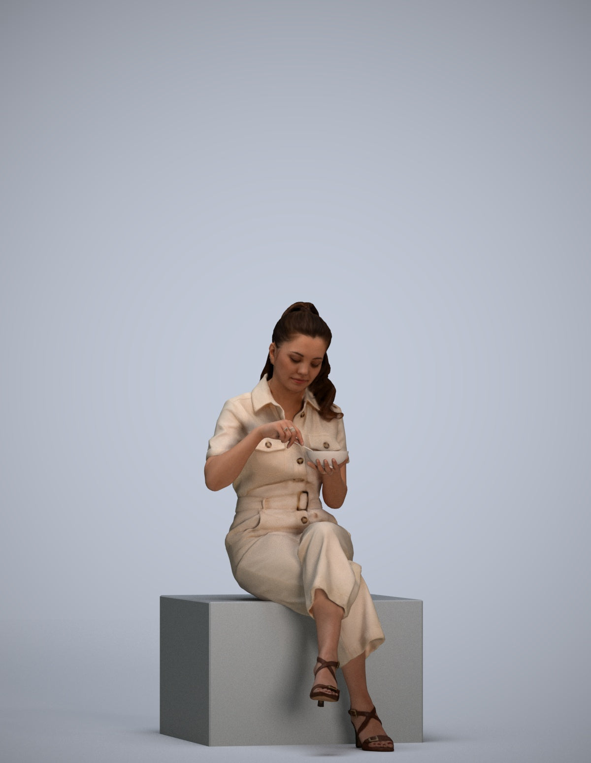 3D scanned woman sitting casual, photorealistic archviz people for Enscape and SketchUp
