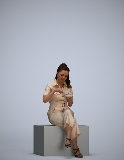 3D scanned woman sitting casual, photorealistic archviz people for Enscape and SketchUp