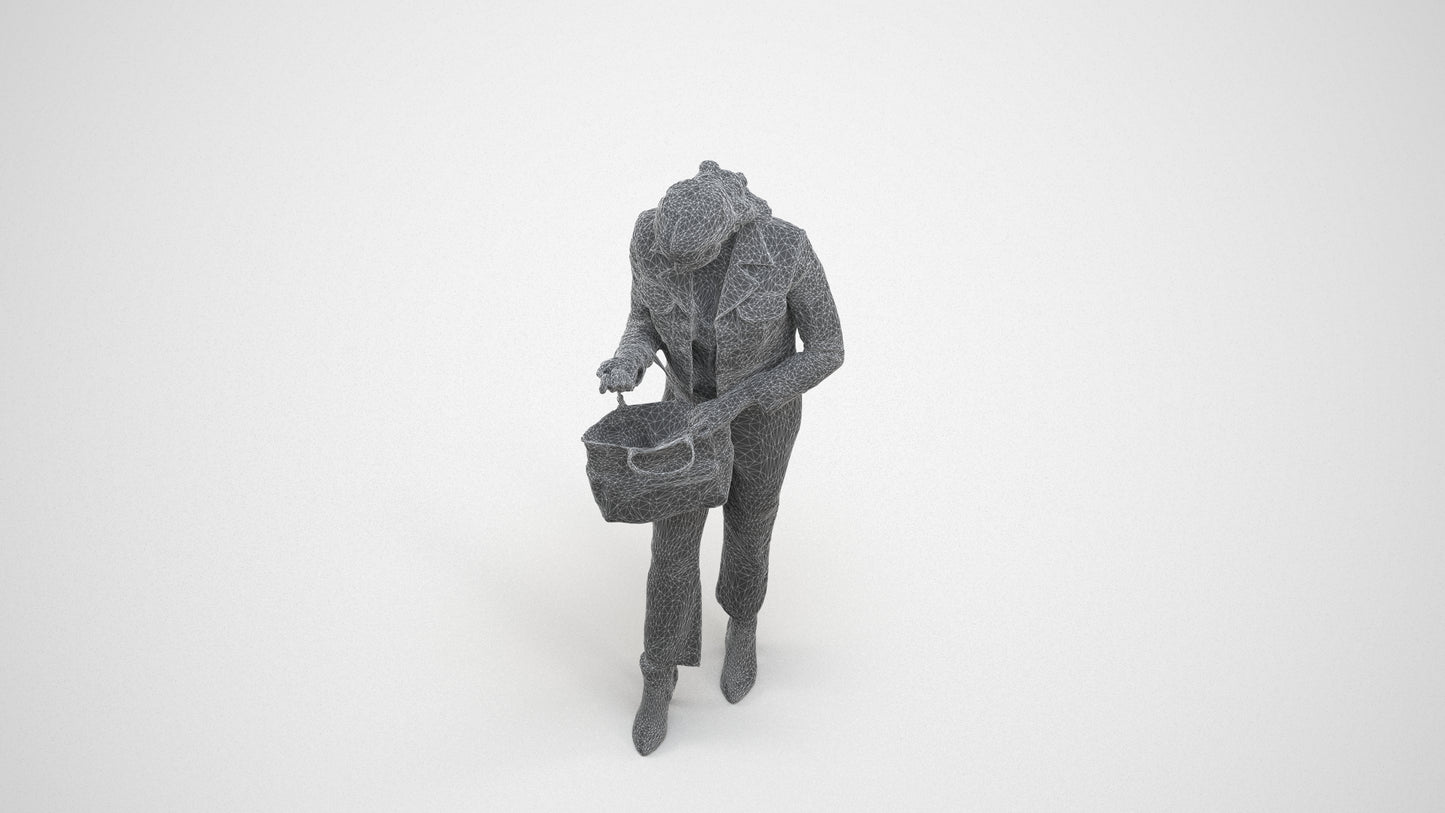 realistic 3D woman business standing, scanned archviz people for Blender and 3ds Max, wireframe three-quarter view