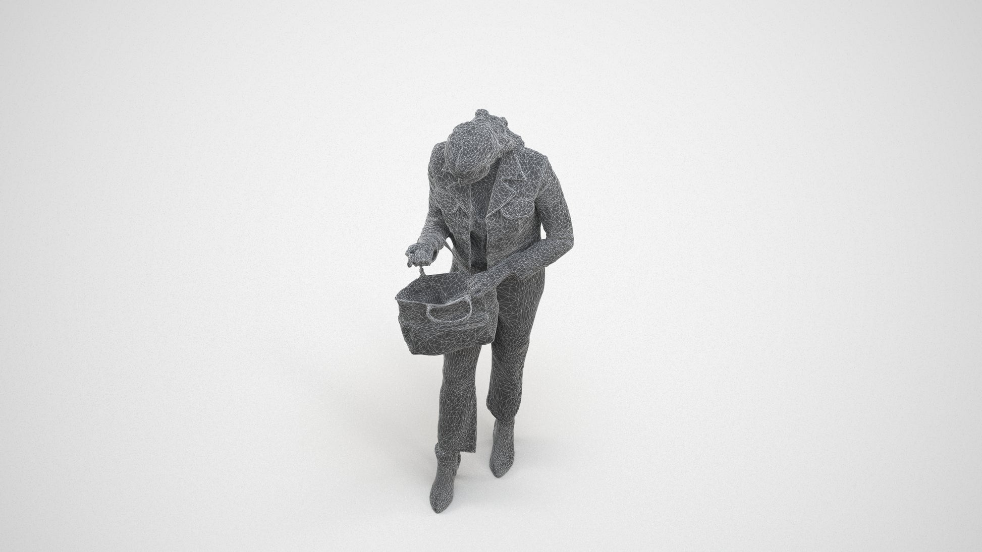 realistic 3D woman business standing, scanned archviz people for Blender and 3ds Max, wireframe three-quarter view