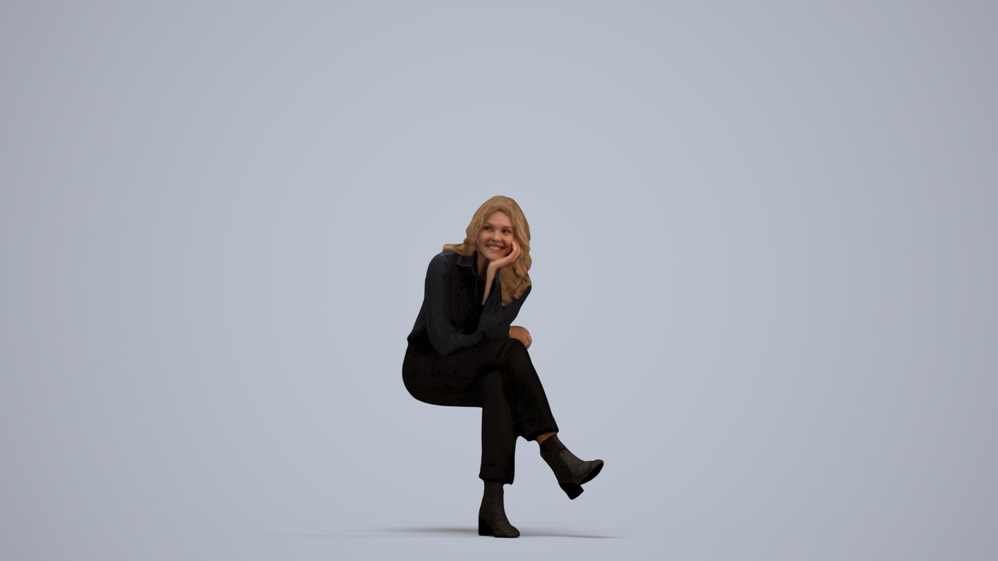 photogrammetry 3D woman business sitting, realistic human model archviz FBX, standing pose render