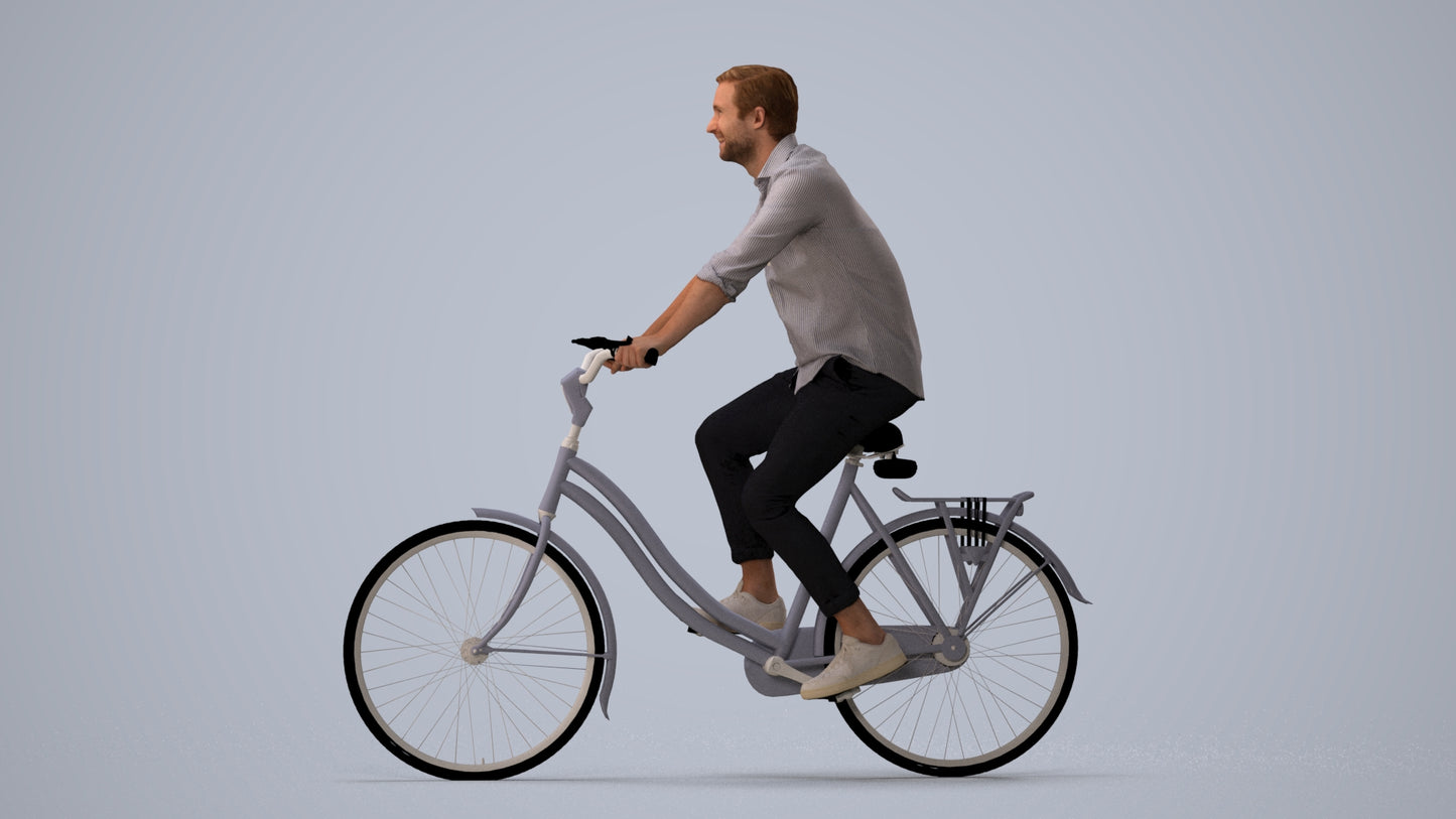 realistic 3D man casual cycling, scanned archviz people for Blender and 3ds Max, three-quarter view render