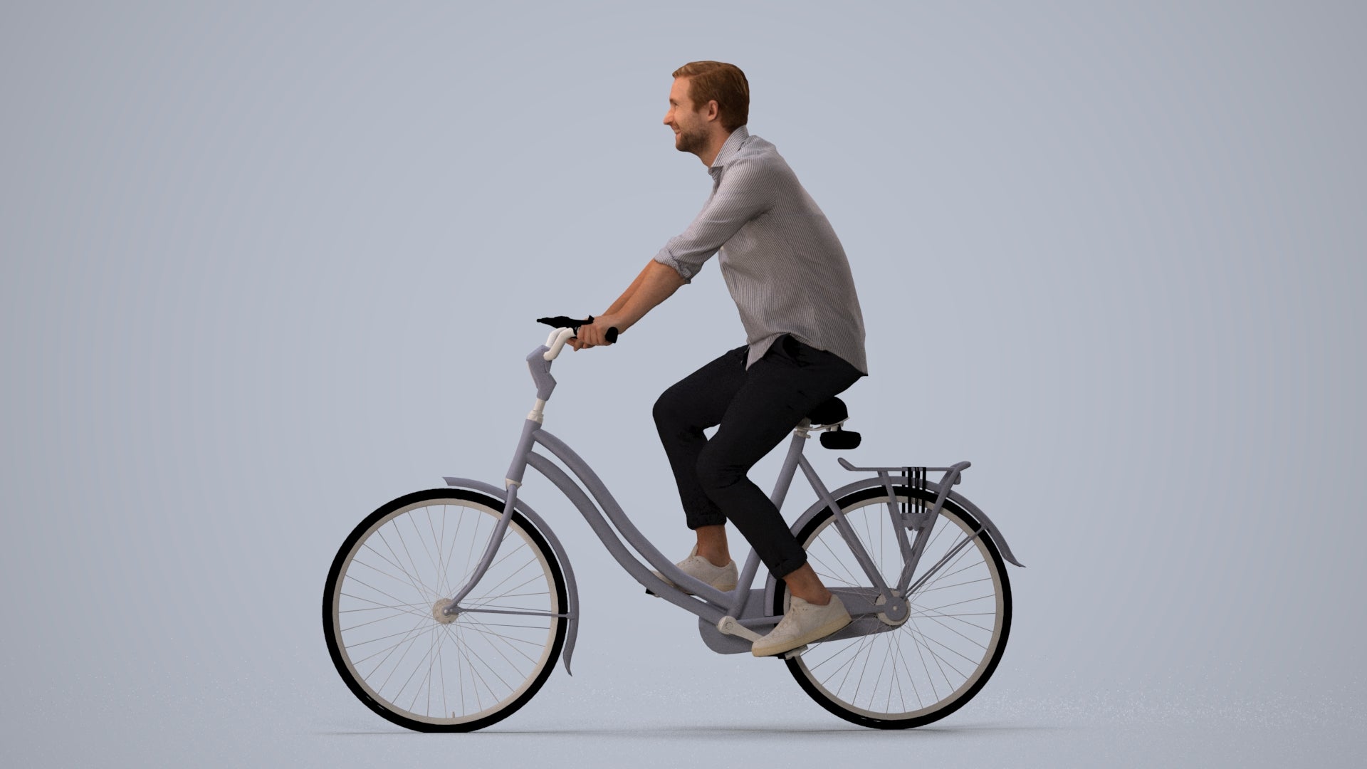 realistic 3D man casual cycling, scanned archviz people for Blender and 3ds Max, three-quarter view render