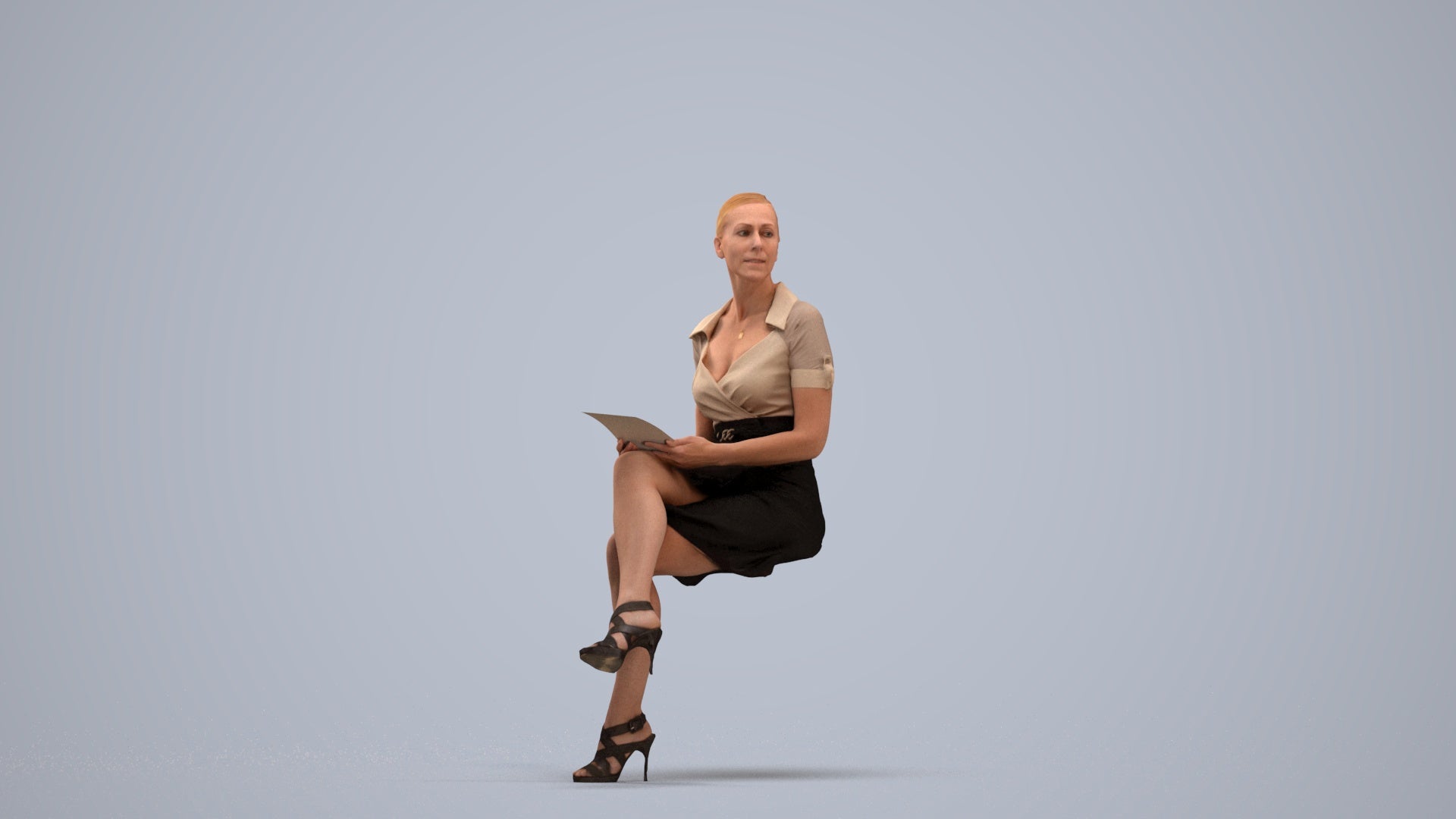 3D scanned woman sitting business, photorealistic archviz people for Enscape and SketchUp, standing pose render