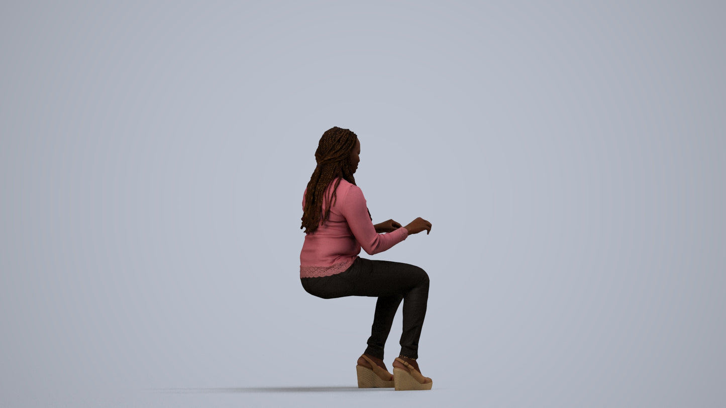3D people model woman casual sitting, scanned human for 3ds Max rendering, side view render