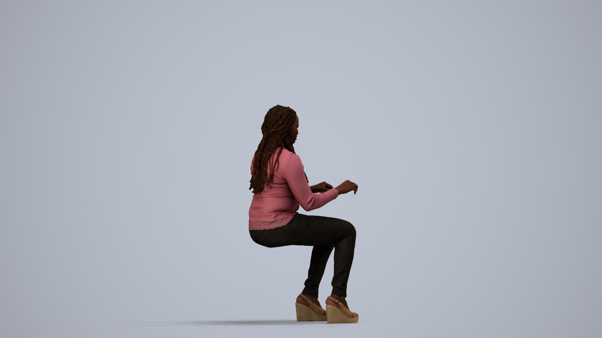 3D people model woman casual sitting, scanned human for 3ds Max rendering, side view render