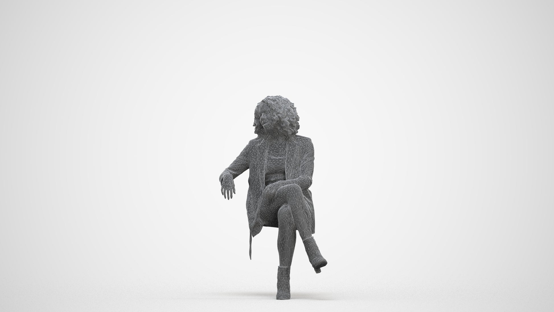 photogrammetry 3D woman business sitting, realistic human model archviz FBX, three-quarter front view render