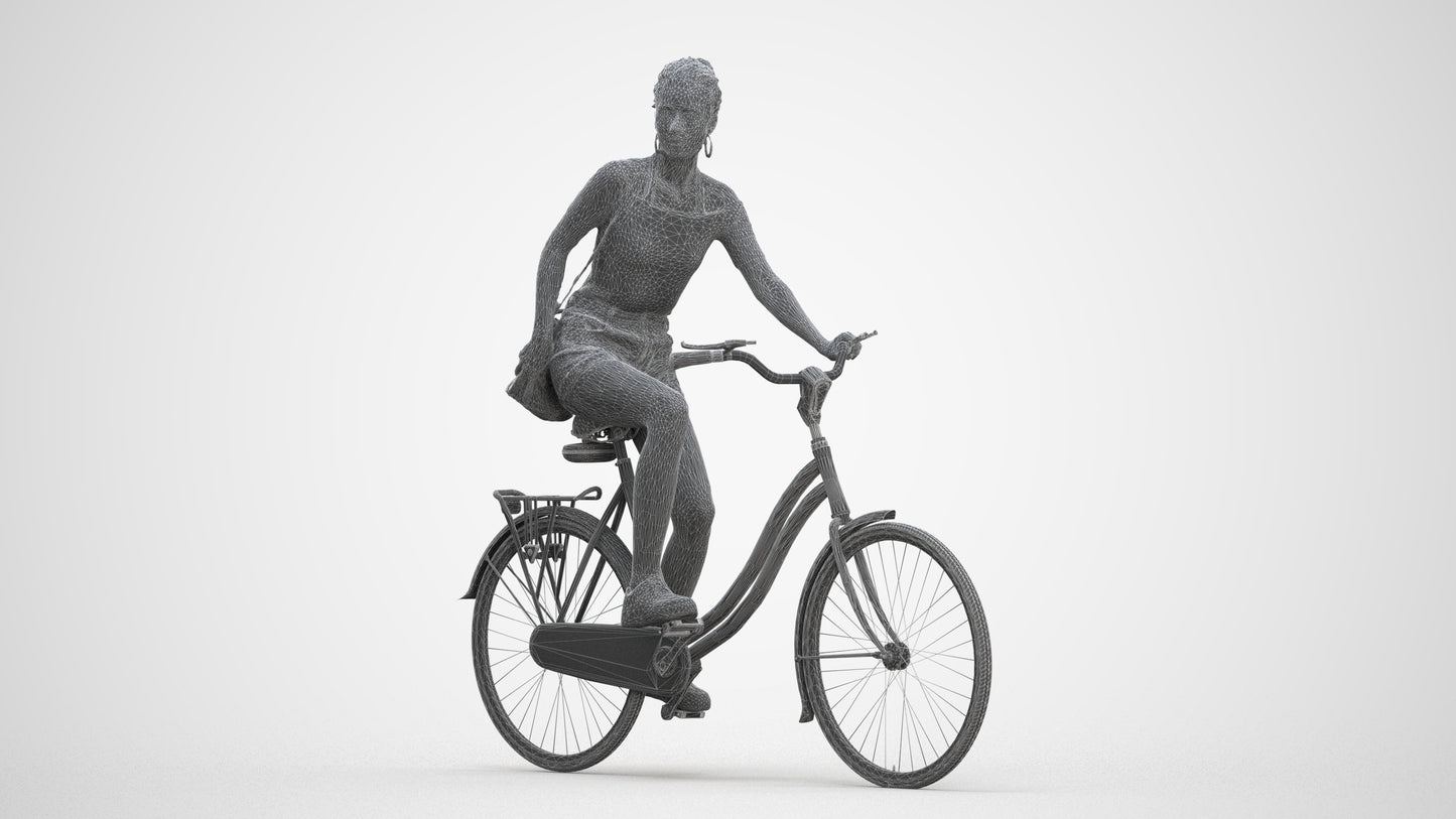 realistic 3D human woman casual cycling, archviz people FBX OBJ for Blender, three-quarter front view render