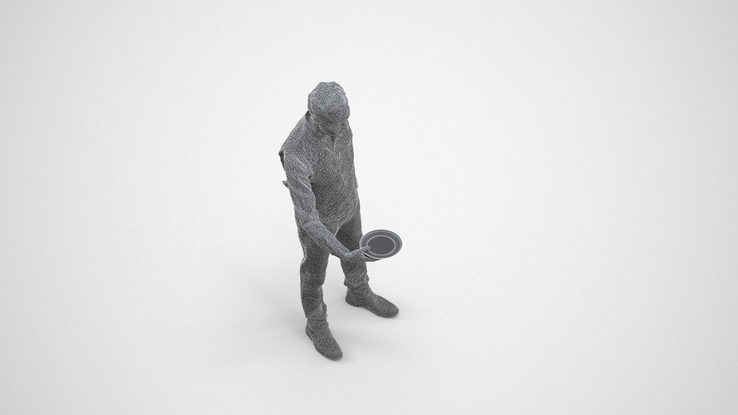 3D scanned man hospitality, photorealistic archviz people for Enscape and SketchUp, wireframe three-quarter view