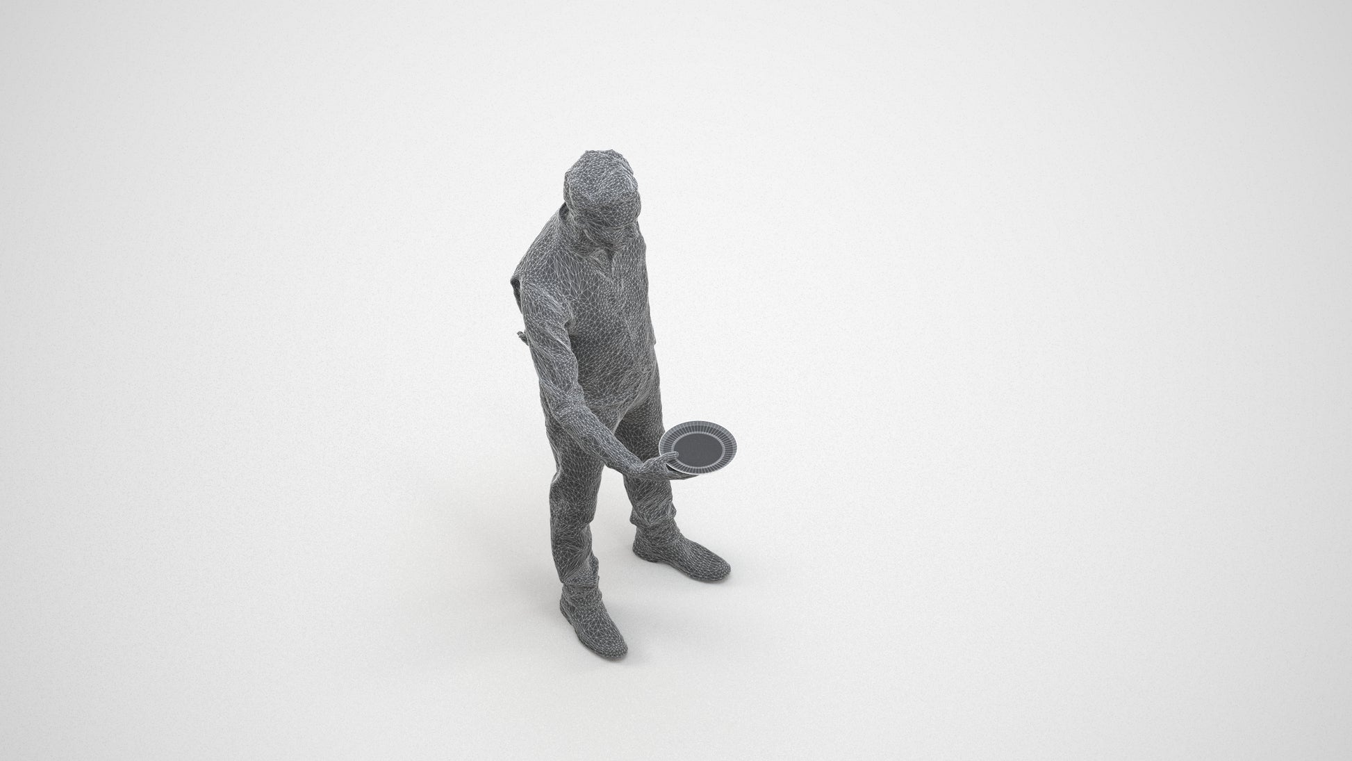 3D scanned man hospitality, photorealistic archviz people for Enscape and SketchUp, wireframe three-quarter view