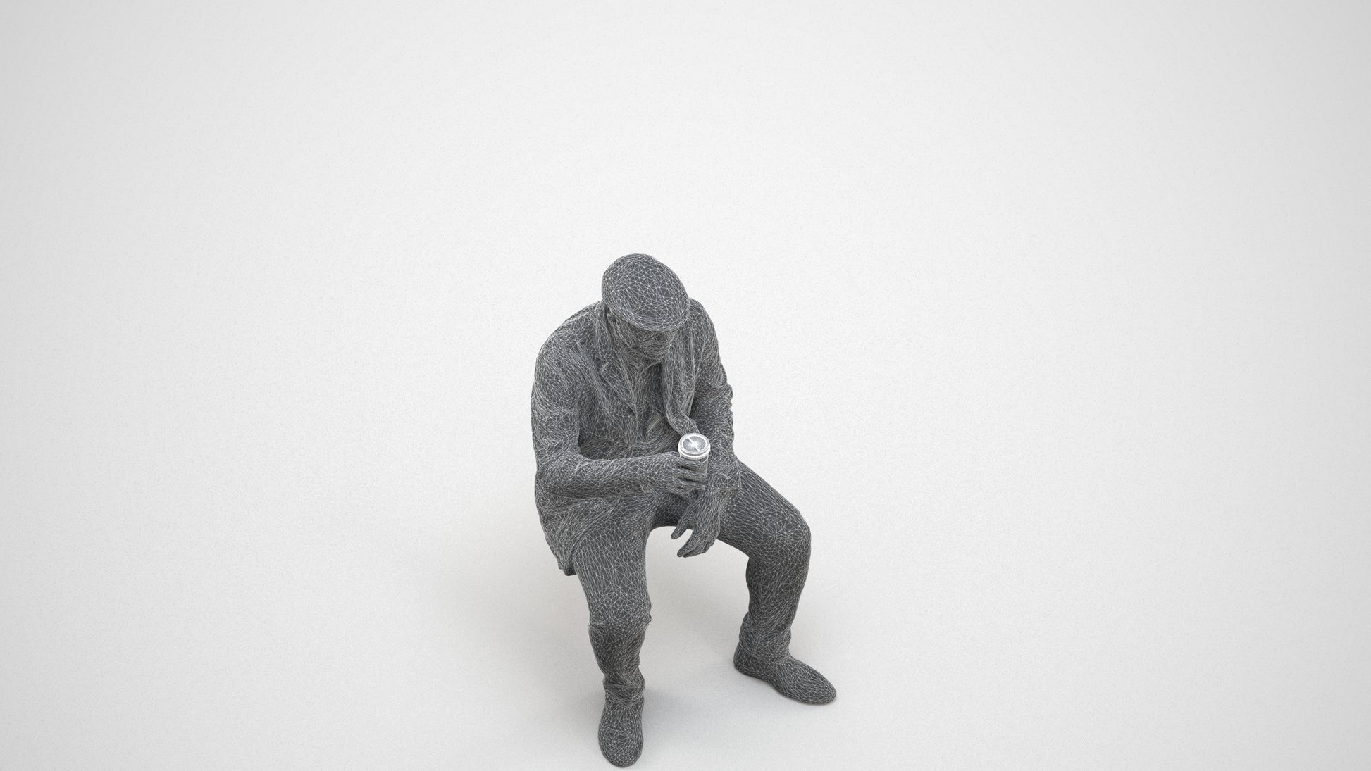 3D scanned man sitting casual, photorealistic archviz people for Enscape and SketchUp, wireframe three-quarter view