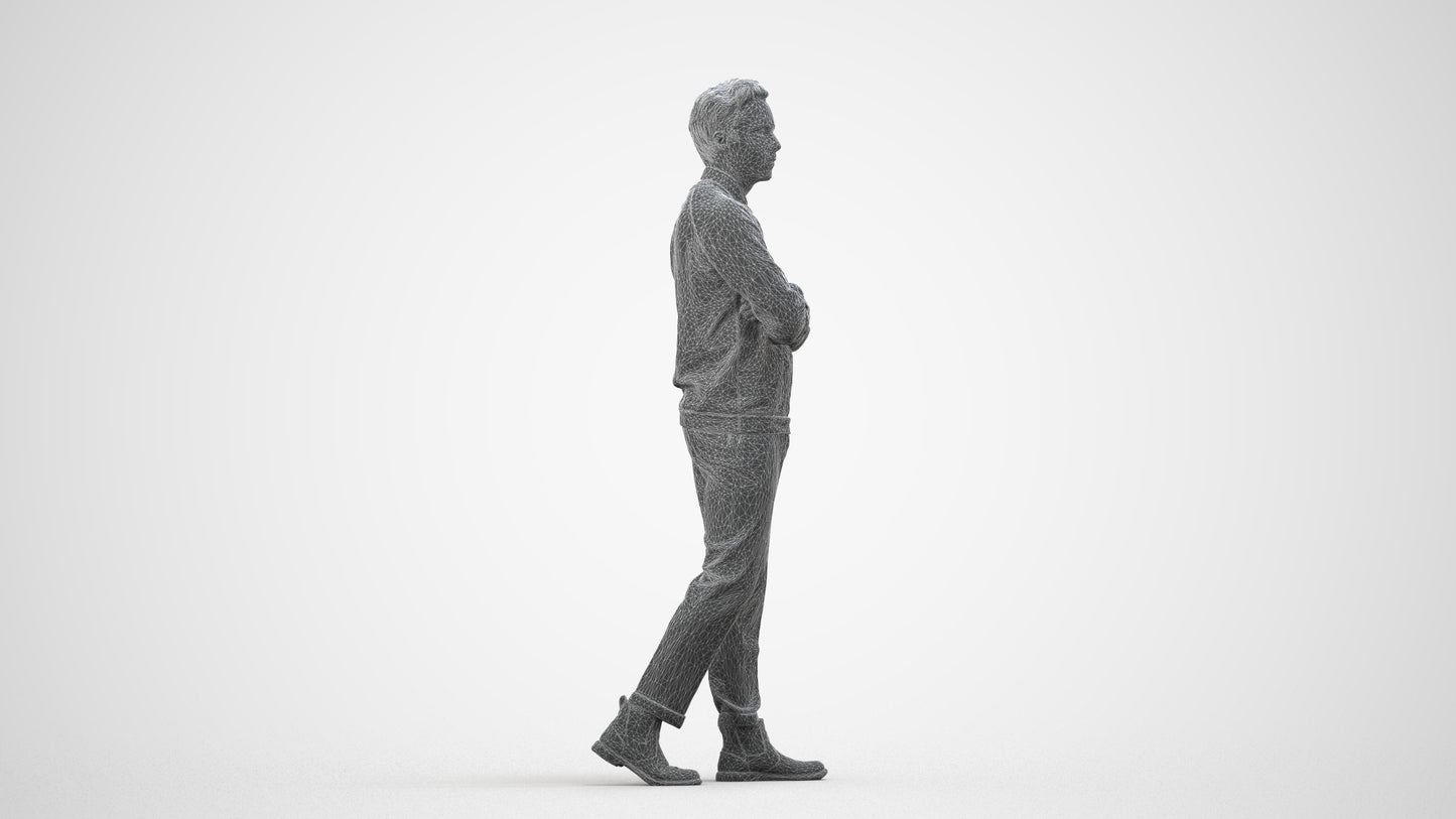 3D people model man casual walking, scanned human for 3ds Max rendering, wireframe side view