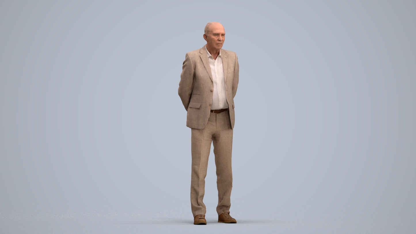 realistic 3D senior man business standing, scanned archviz people for Blender and 3ds Max, standing pose render