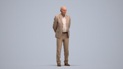 realistic 3D senior man business standing, scanned archviz people for Blender and 3ds Max, standing pose render