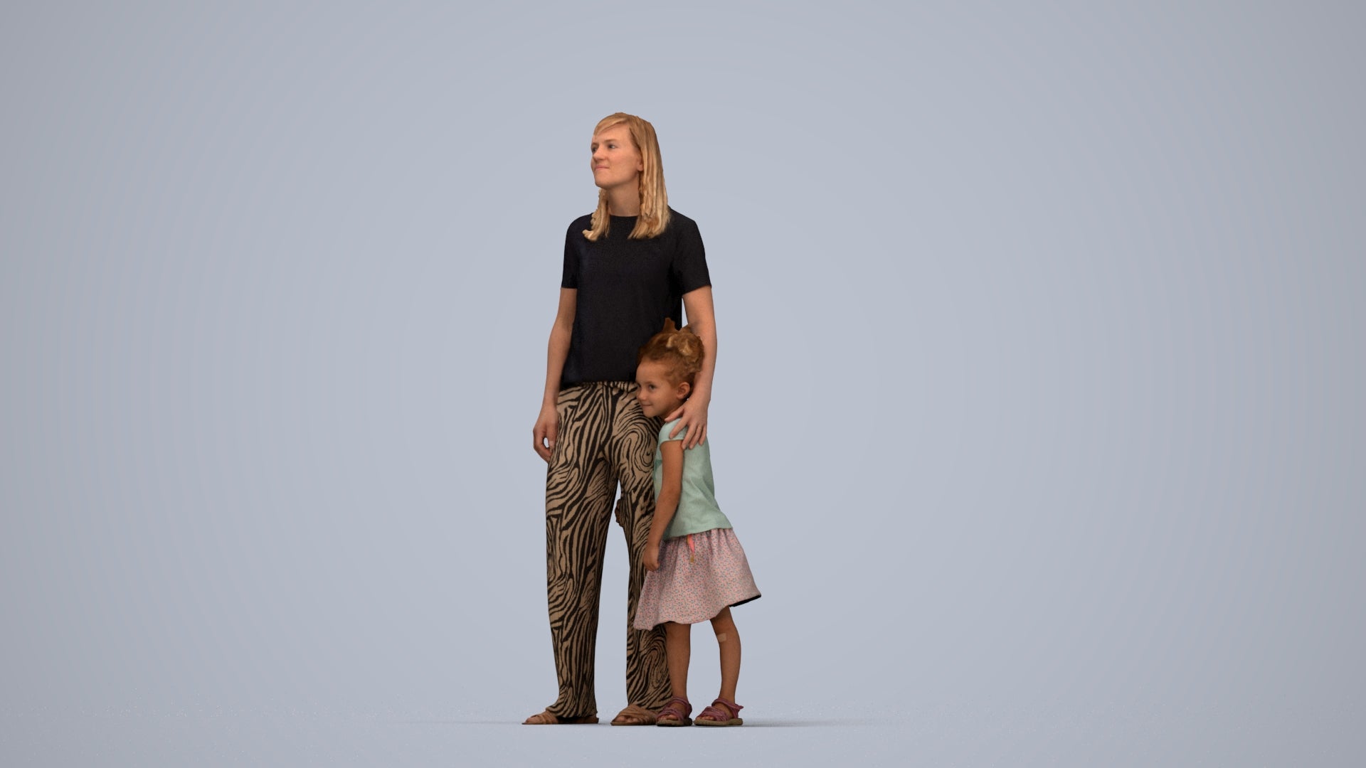 3D human model girl casual kids, photogrammetry scanned person for archviz, top-down view render
