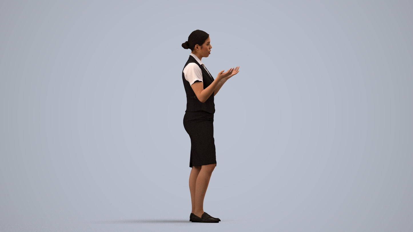 realistic 3D human woman hospitality, archviz people FBX OBJ for Blender, side view render