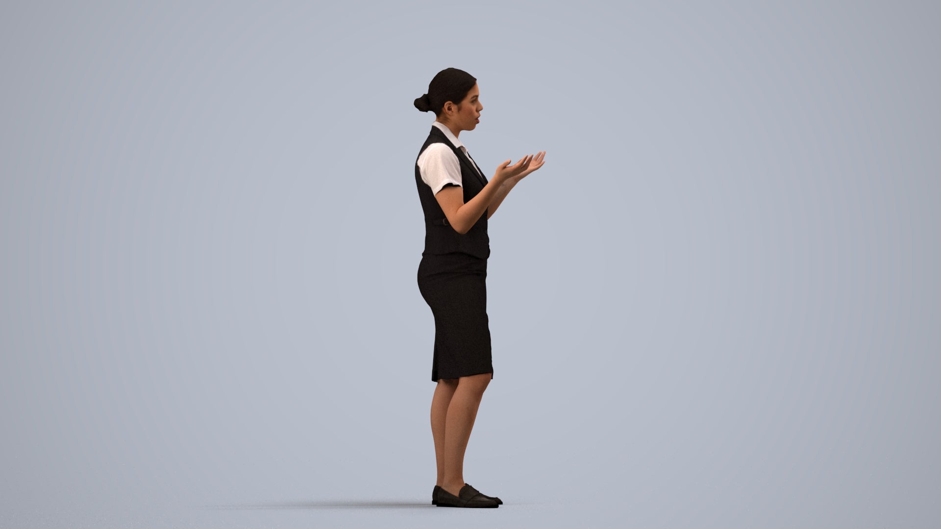 realistic 3D human woman hospitality, archviz people FBX OBJ for Blender, side view render