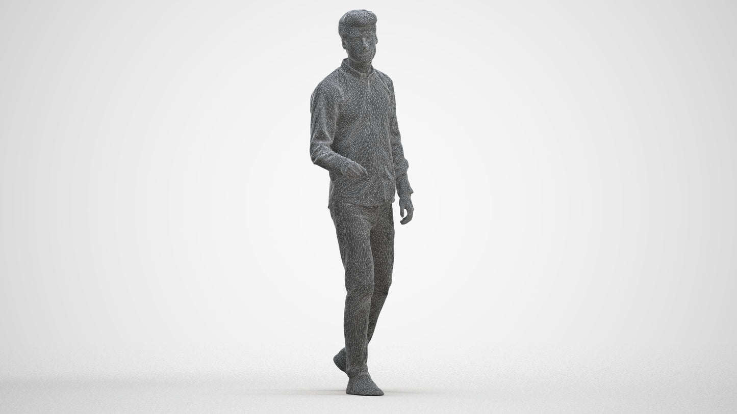 3D human model man casual walking, photogrammetry scanned person for archviz, three-quarter front view render