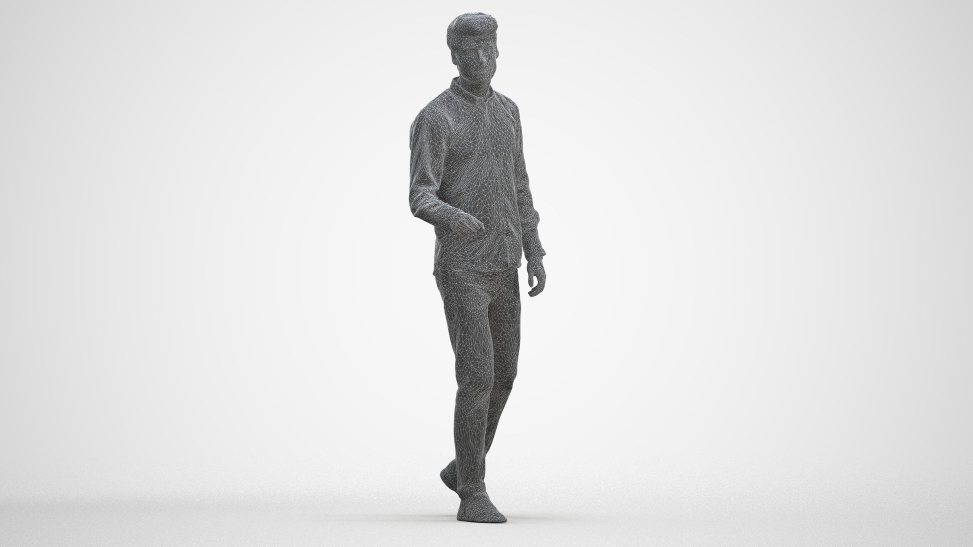3D human model man casual walking, photogrammetry scanned person for archviz, three-quarter front view render