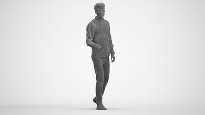 3D human model man casual walking, photogrammetry scanned person for archviz, three-quarter front view render