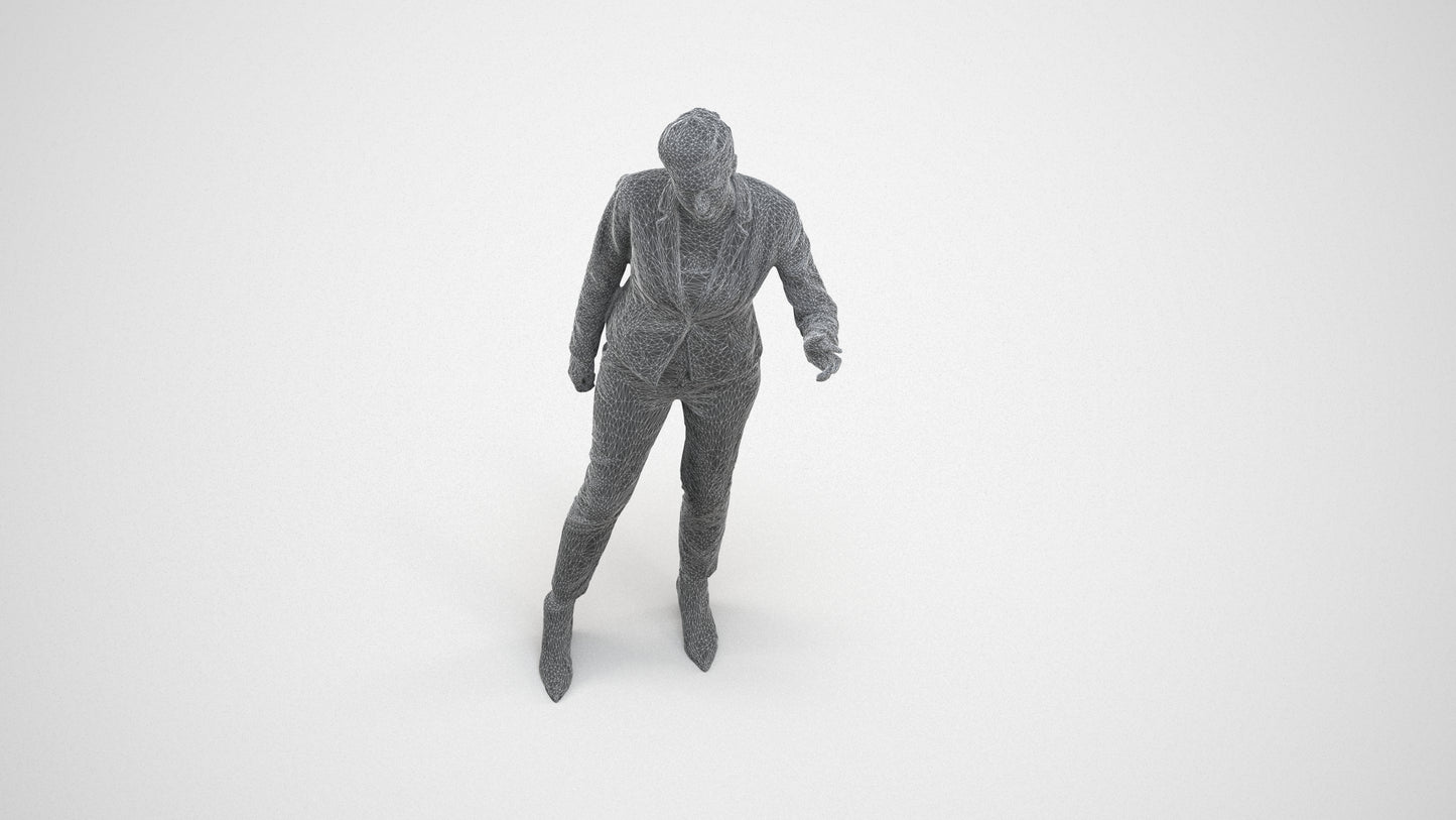3D human model woman business, photogrammetry scanned person for archviz, wireframe three-quarter view