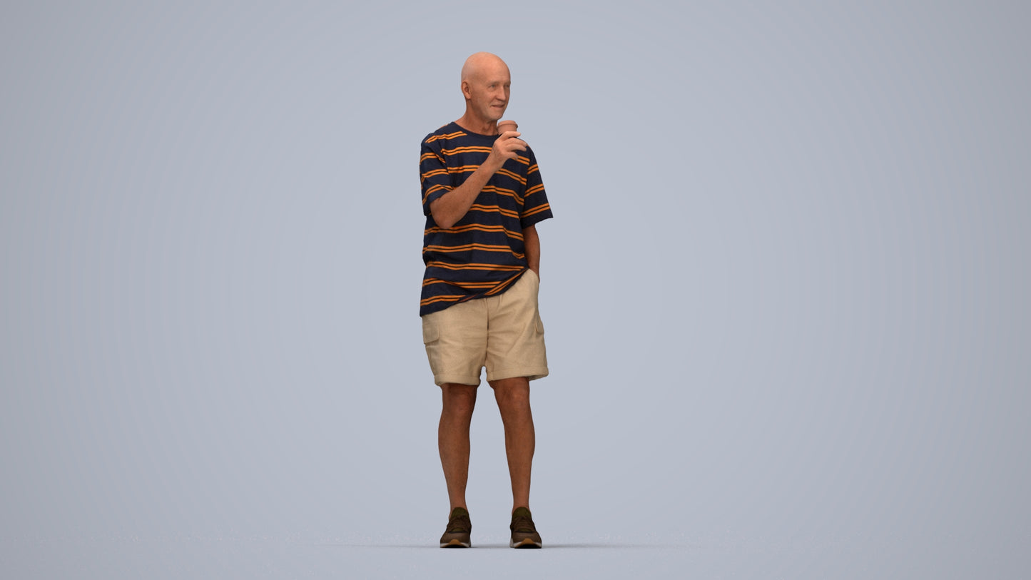 3D human model senior man casual standing, photogrammetry scanned person for archviz, top-down view render