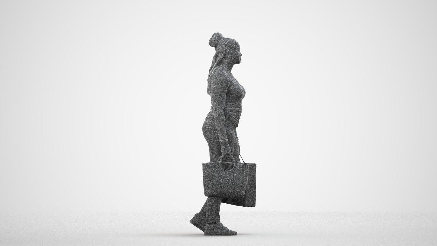 photogrammetry 3D woman casual shopping, realistic human model archviz FBX, wireframe side view