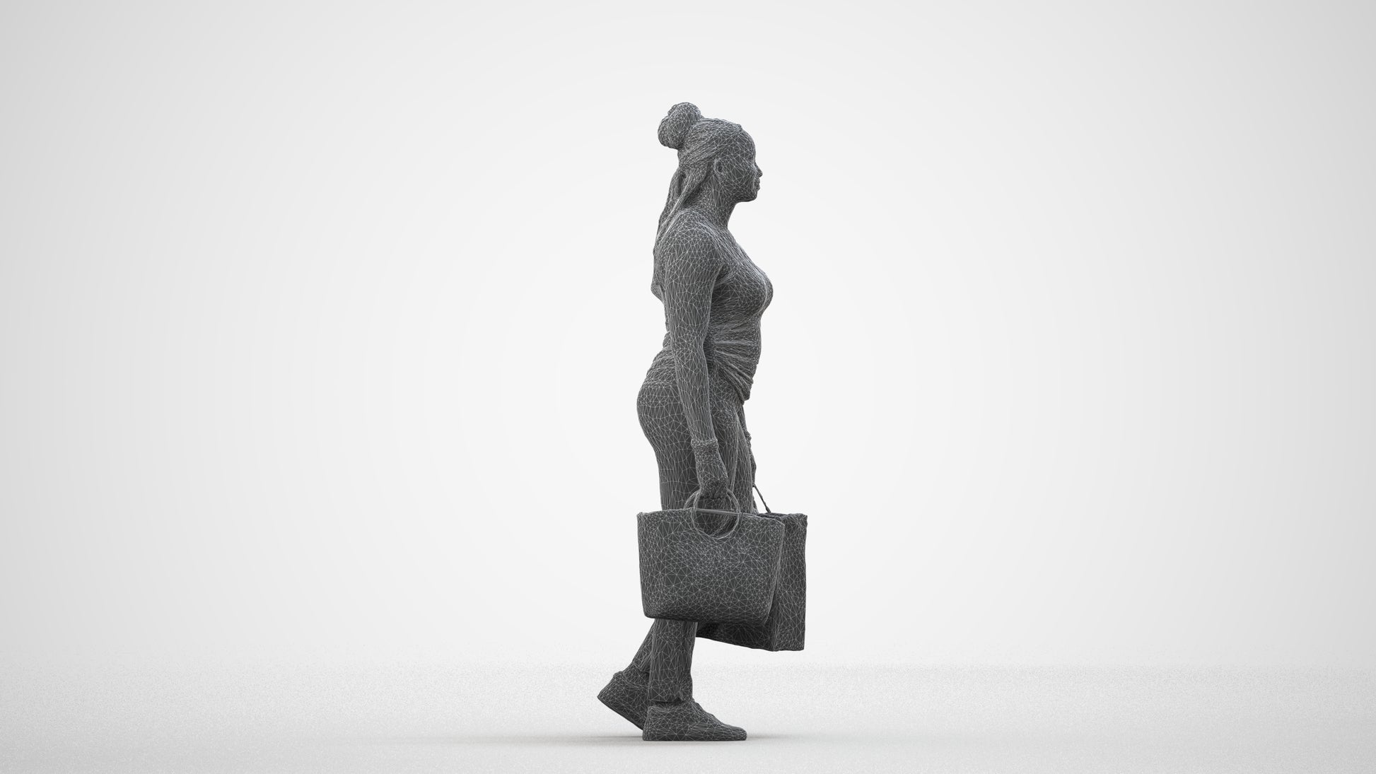 photogrammetry 3D woman casual shopping, realistic human model archviz FBX, wireframe side view