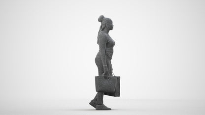 photogrammetry 3D woman casual shopping, realistic human model archviz FBX, wireframe side view