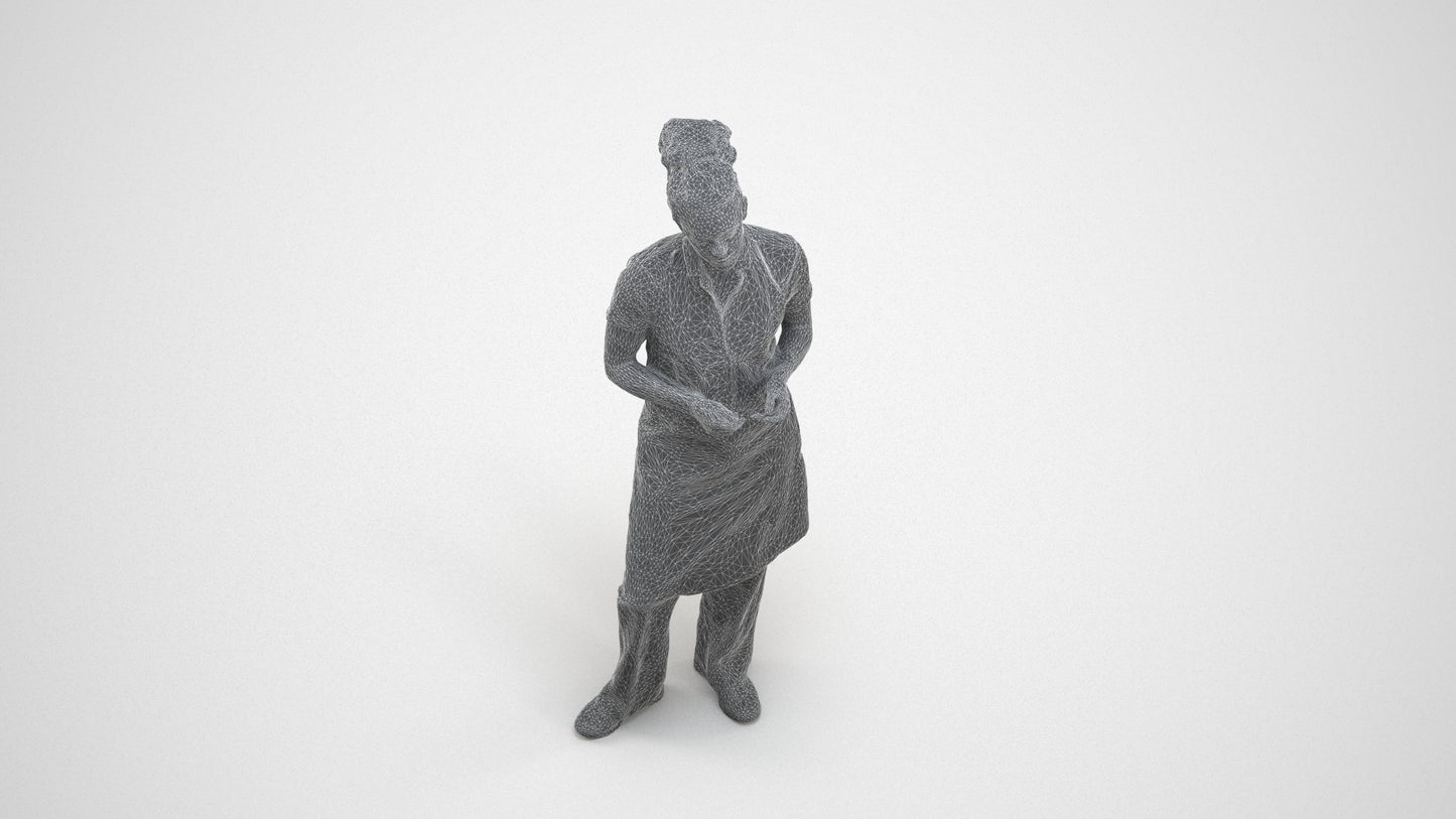scanned 3D woman hospitality, photogrammetry people for Enscape and V-Ray, wireframe three-quarter view
