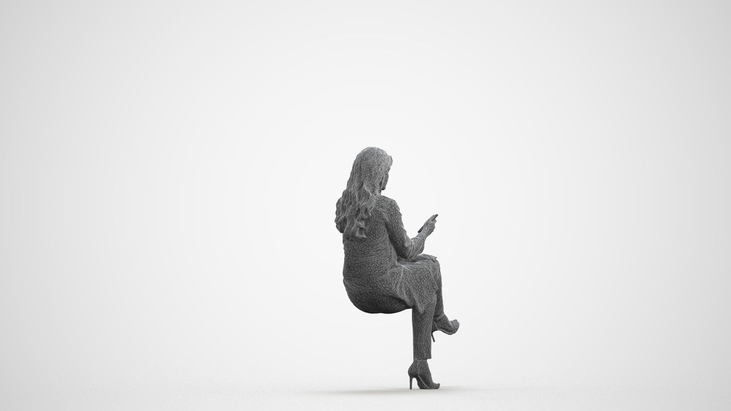 photogrammetry 3D woman business sitting, realistic human model archviz FBX, wireframe front view