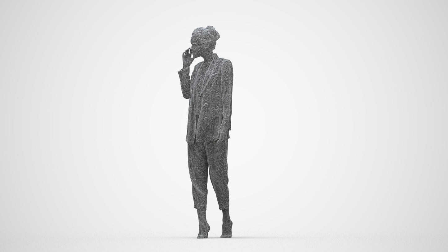 3D human model woman business walking, photogrammetry scanned person for archviz, wireframe back view