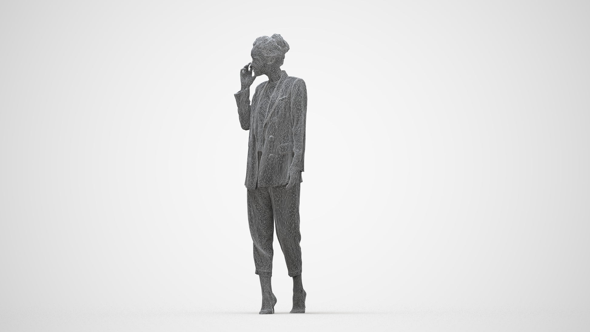 3D human model woman business walking, photogrammetry scanned person for archviz, wireframe back view
