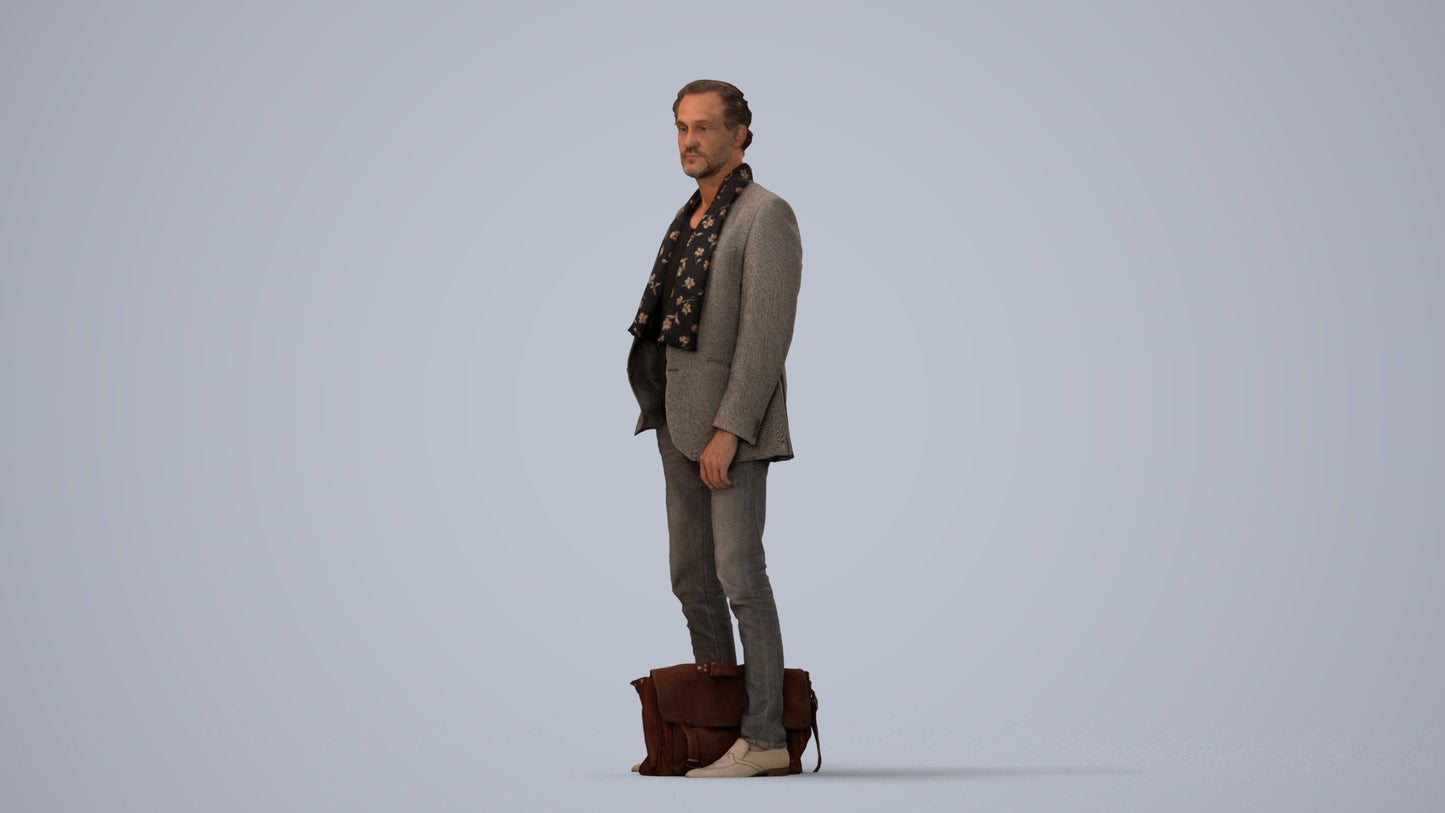 realistic 3D human man business standing, archviz people FBX OBJ for Blender, three-quarter view render