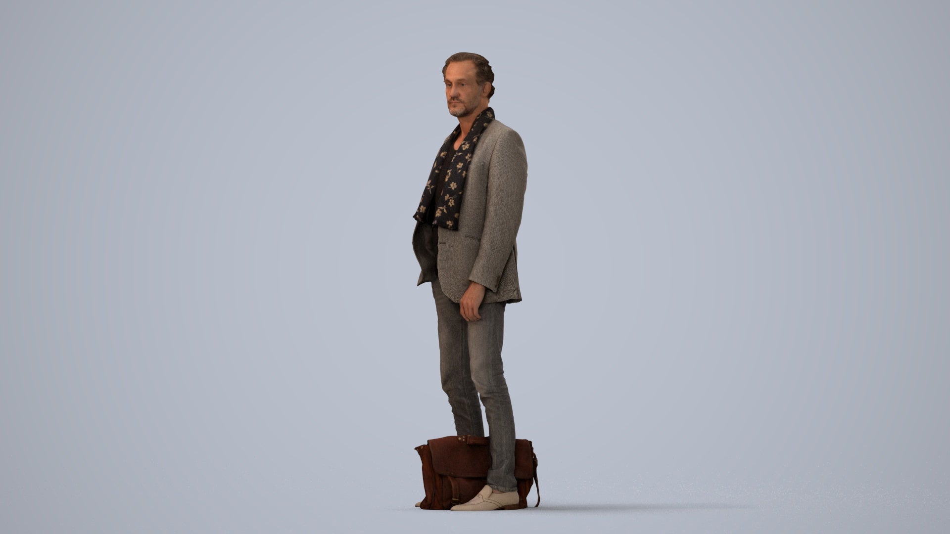 realistic 3D human man business standing, archviz people FBX OBJ for Blender, three-quarter view render