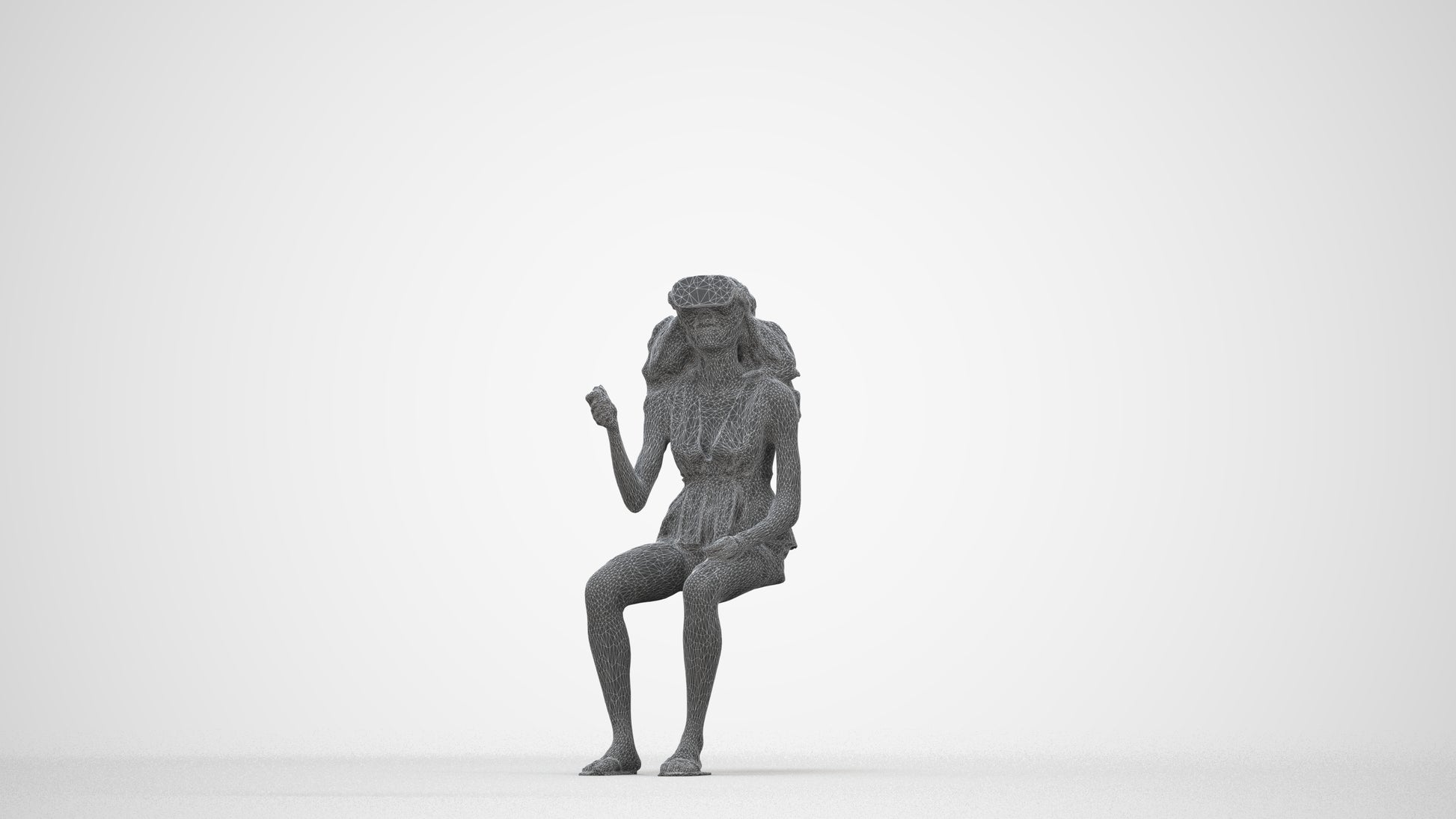 photogrammetry 3D woman casual sitting, realistic human model archviz FBX, wireframe back view