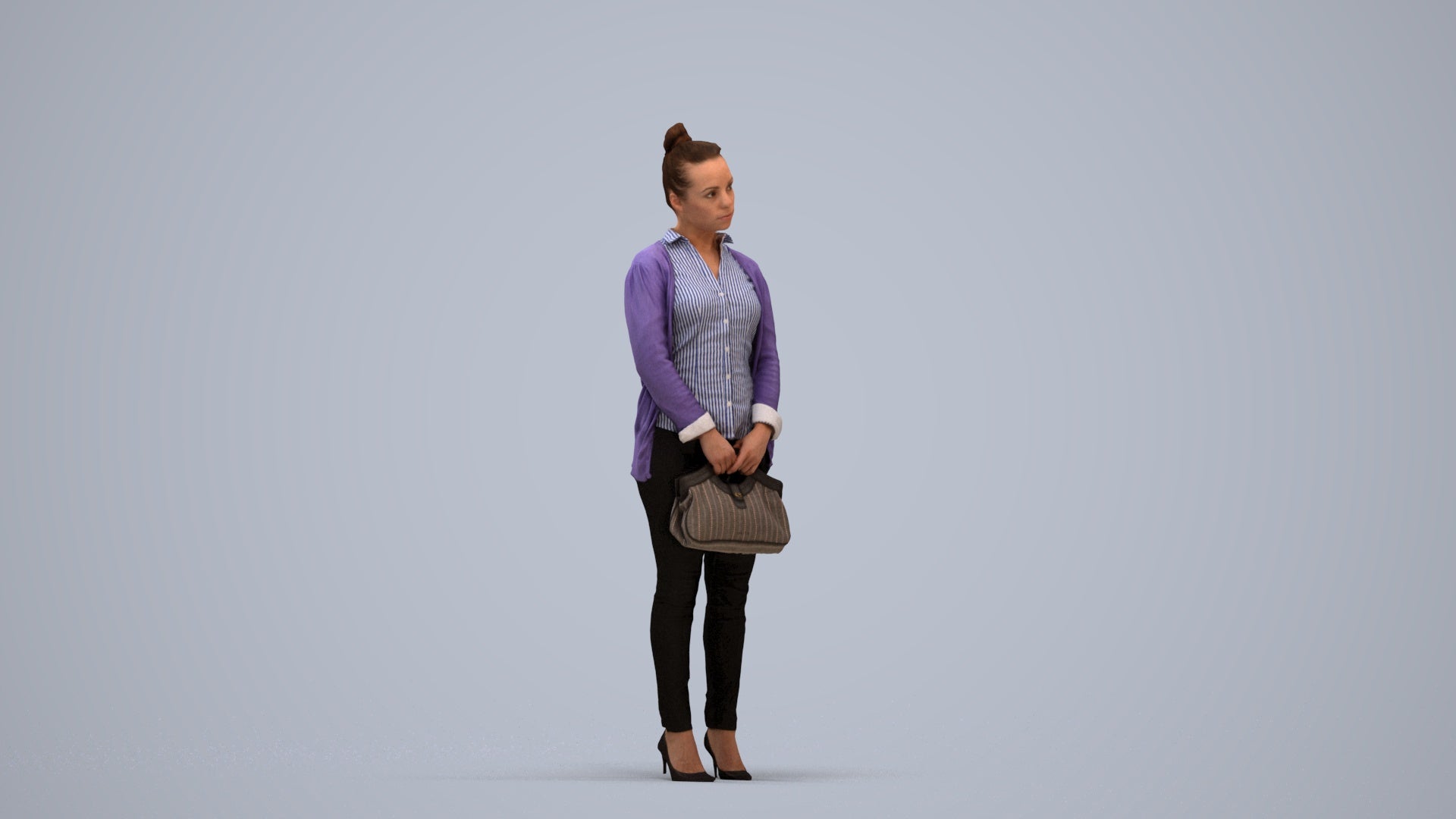 3D human model woman business standing, photogrammetry scanned person for archviz, standing pose render