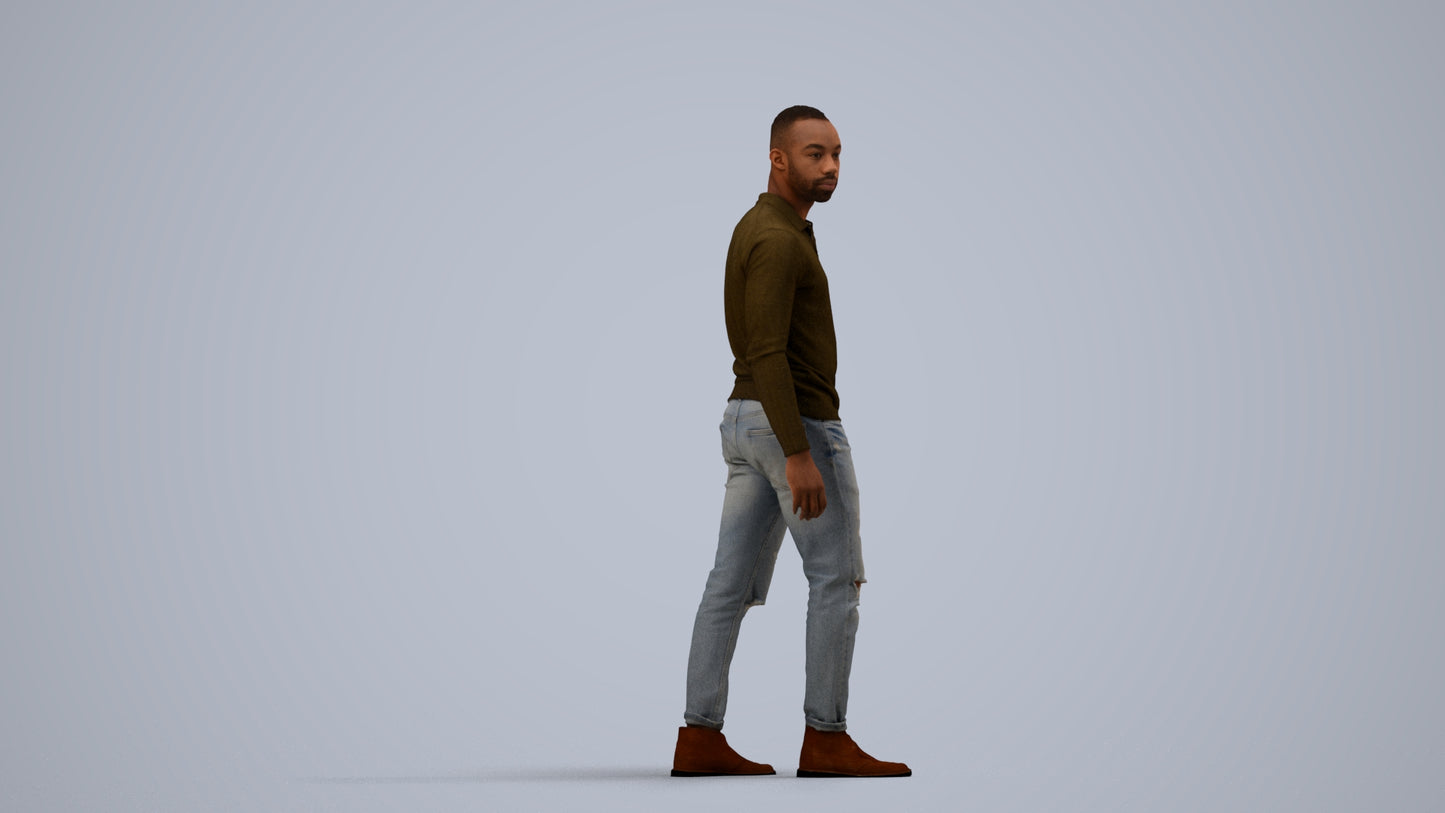 photogrammetry 3D man casual walking, realistic human model archviz FBX, side view render
