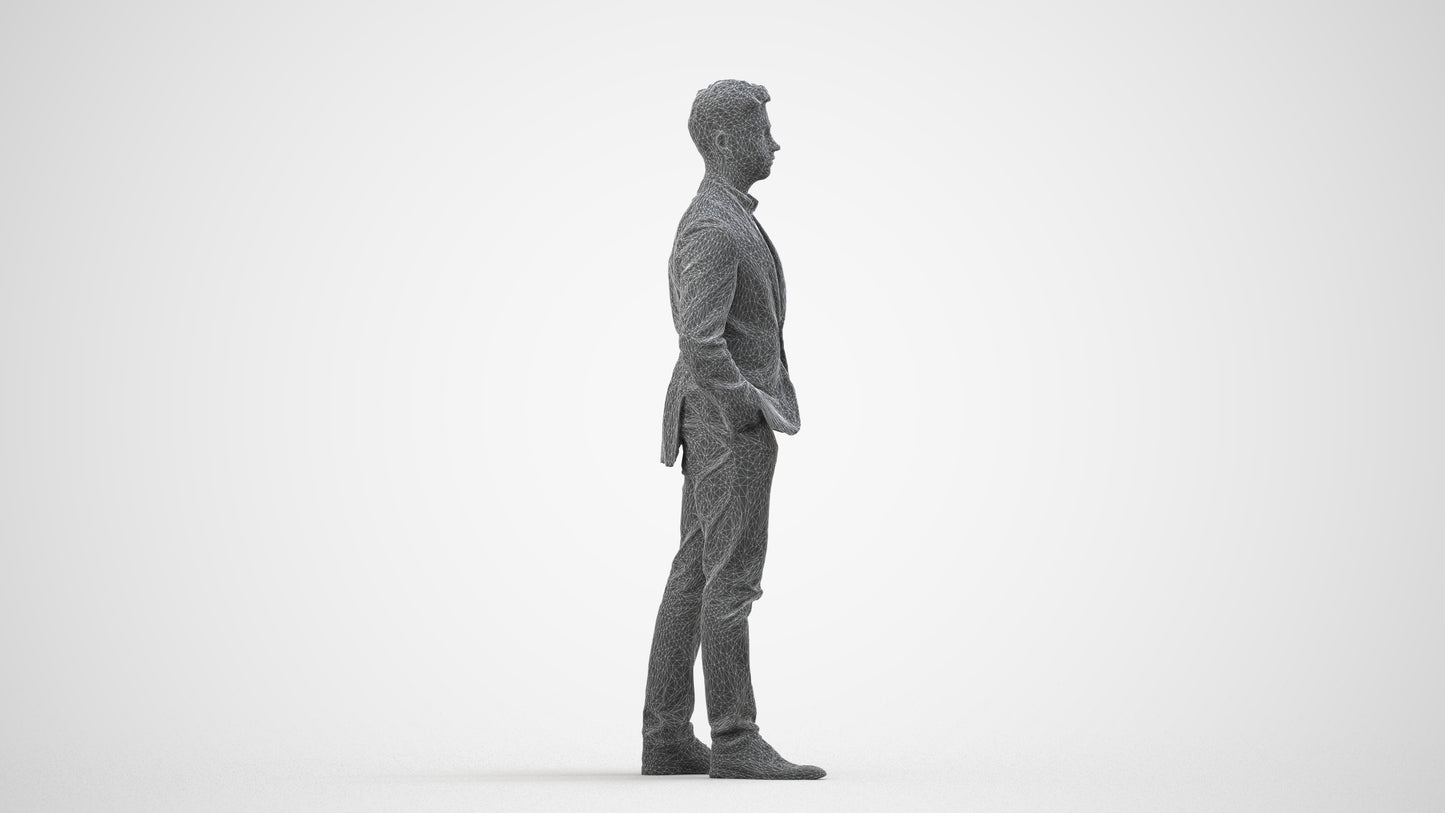 3D people model man business standing, scanned human for 3ds Max rendering, wireframe side view