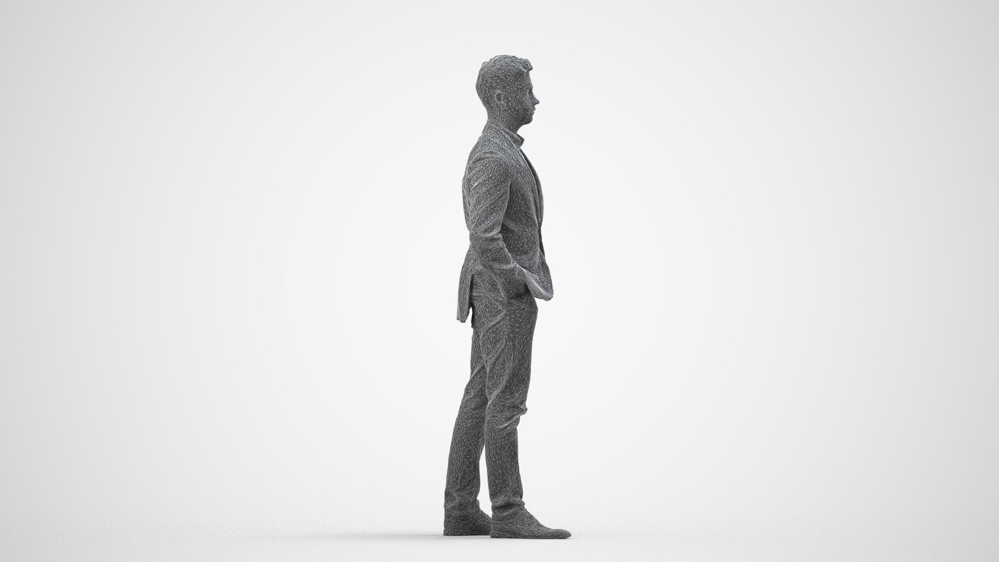 3D people model man business standing, scanned human for 3ds Max rendering, wireframe side view