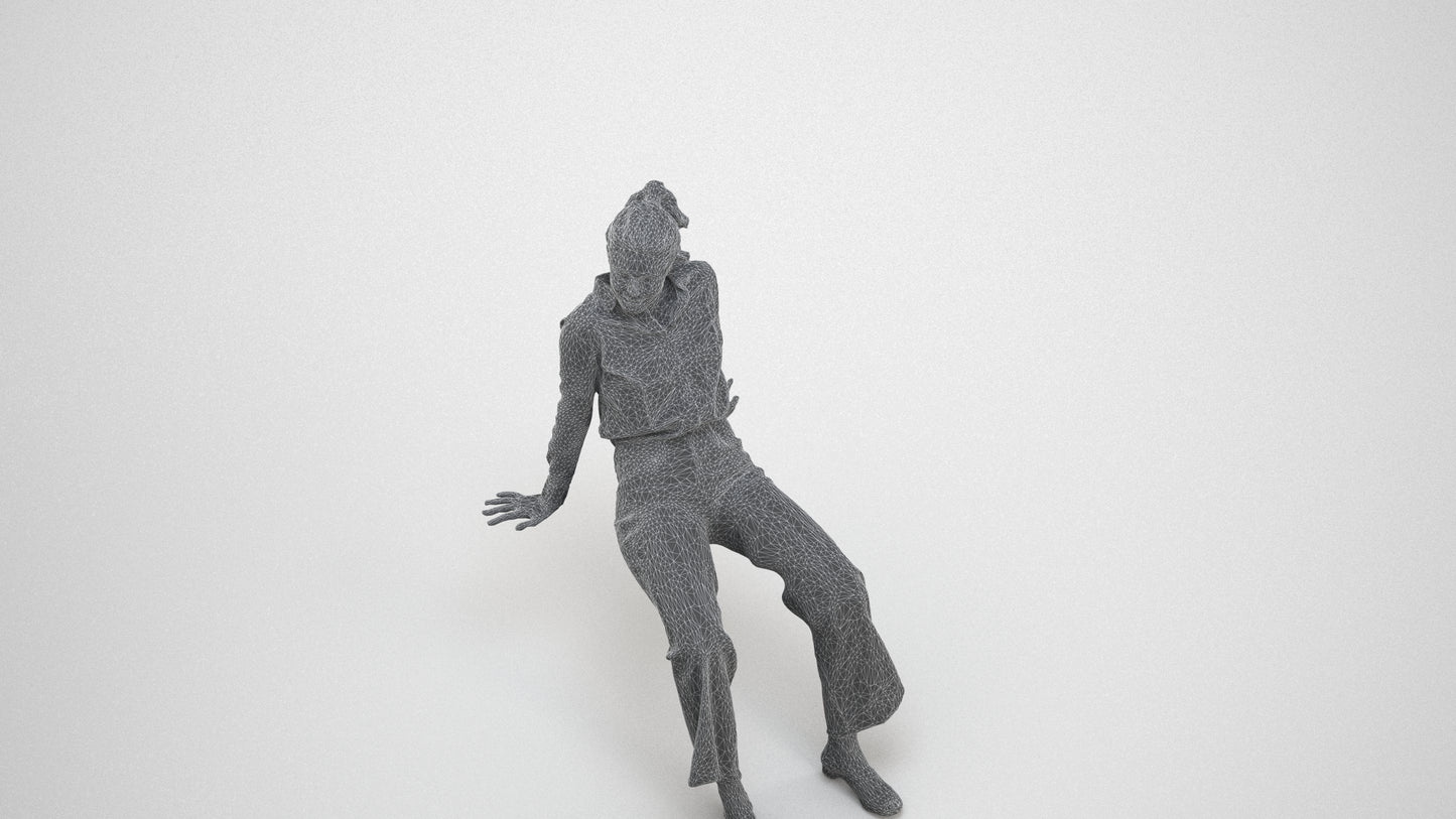 3D scanned woman sitting casual, photorealistic archviz people for Enscape and SketchUp, wireframe three-quarter view