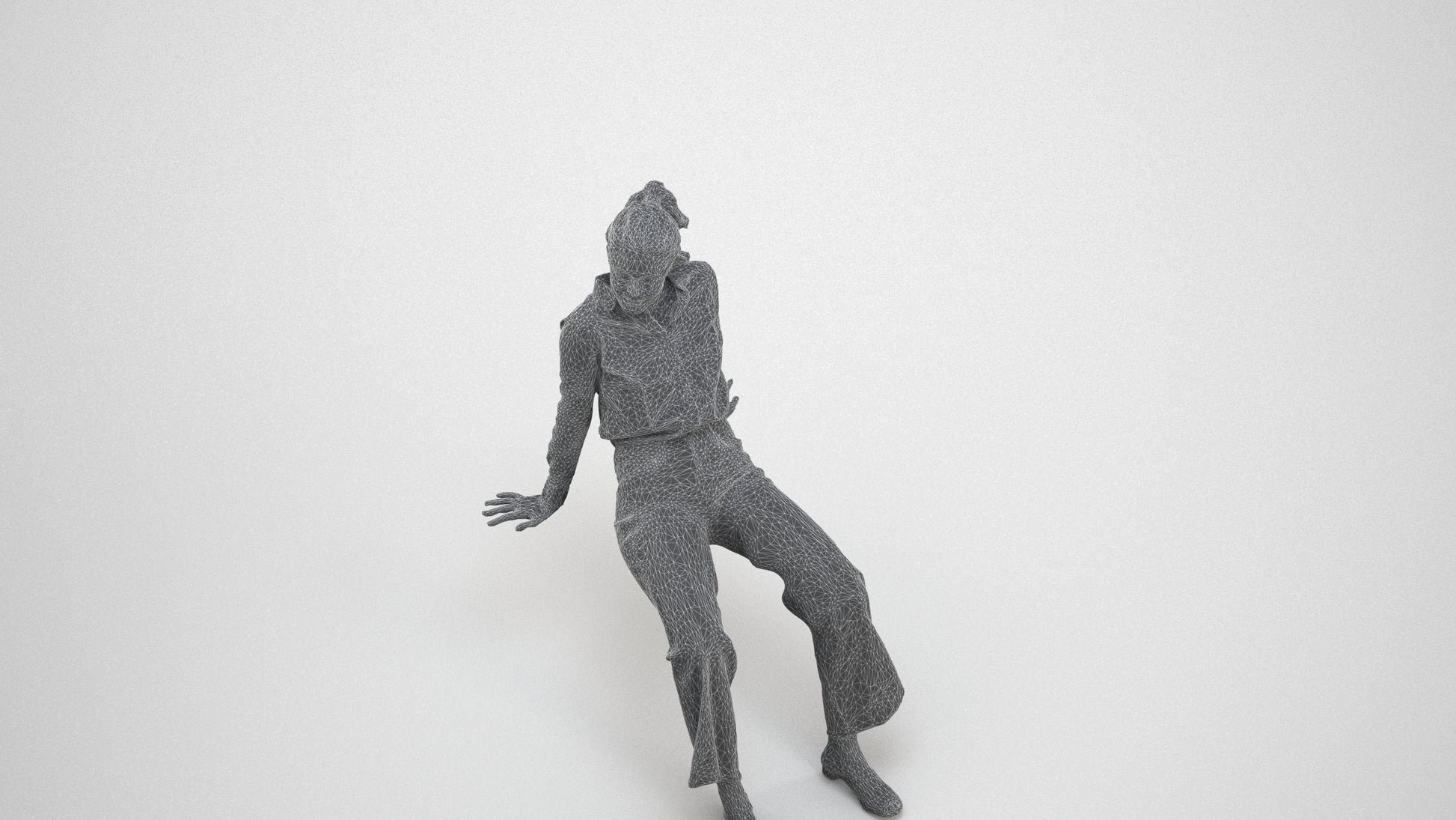 3D scanned woman sitting casual, photorealistic archviz people for Enscape and SketchUp, wireframe three-quarter view