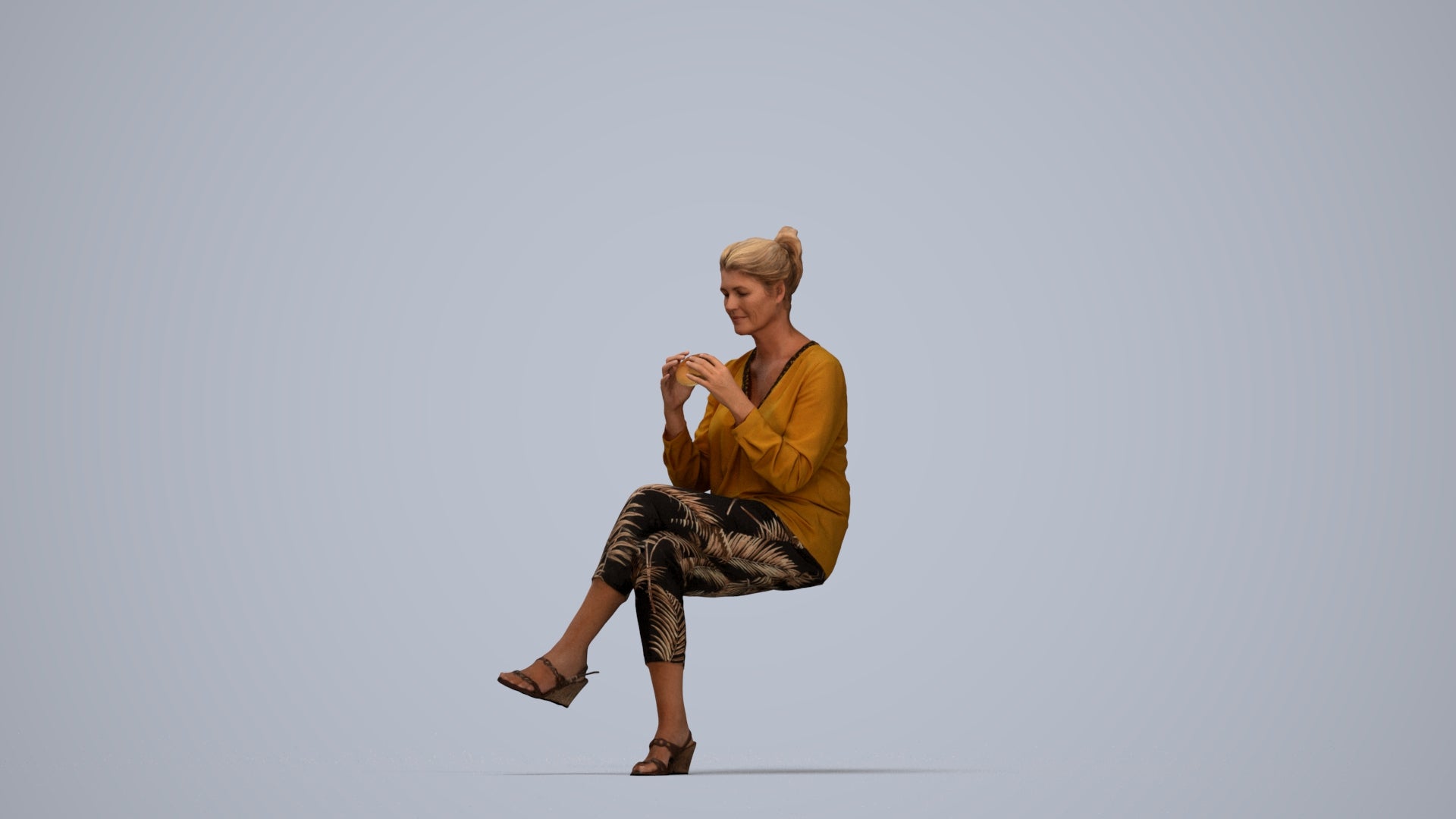 photogrammetry 3D woman casual sitting, realistic human model archviz FBX, top-down view render